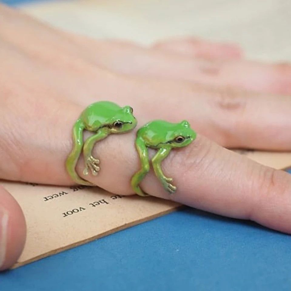 Jewelry × Vintage Exquisite green enamel frog open ring (1pair) Size ONE SIZE - 2 Thumbnail
