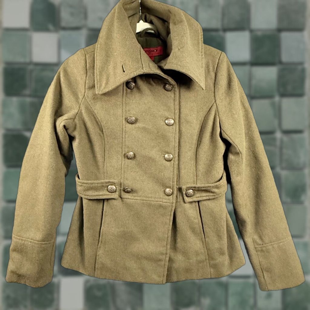 Vintage Coffeeshop Olive Green Wool Blend Pea Coat Womens Small Funnel Neck Double Breasted Button Size S / US 4 / IT 40 - 1 Thumbnail