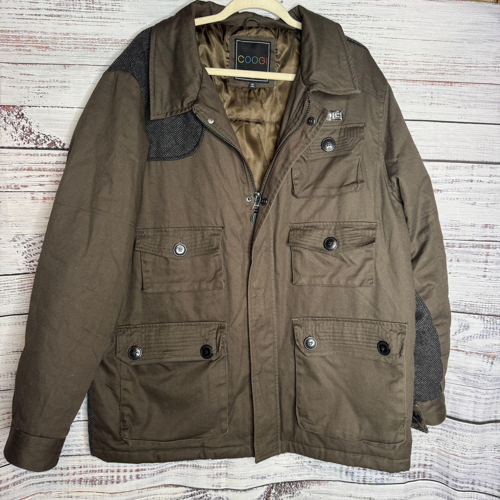 Coogi Coogi XL Brown Utility Jacket Multi Pocket Zip Herringbone Size US XL / EU 56 / 4 - 1 Thumbnail