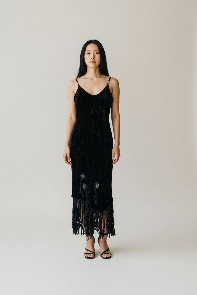 Vintage 90s Black Velvet Slip Dress - Deconstruckted lace S