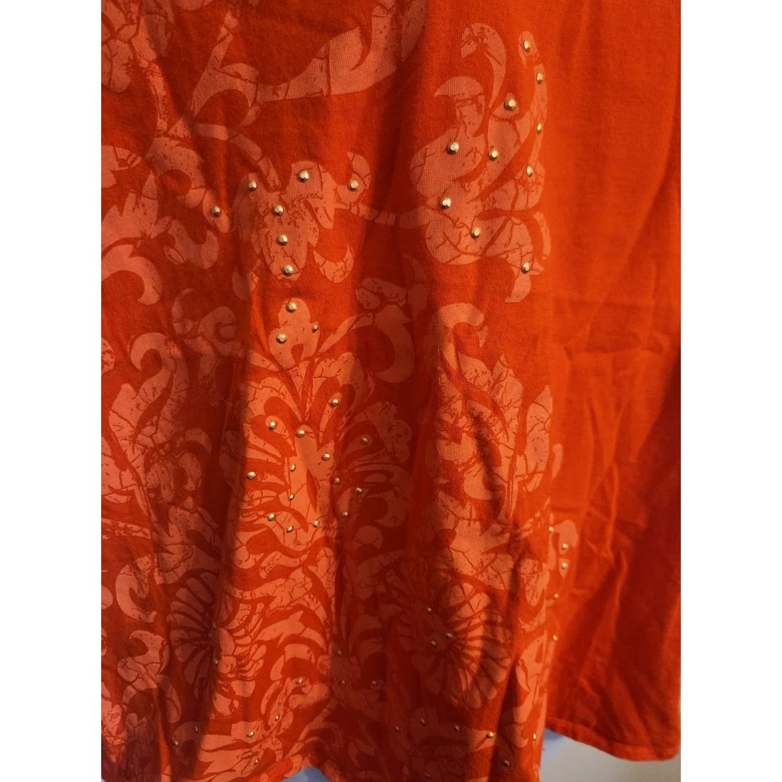 Vintage St Johns Bay Orange Floral Rhinestone Short Sleeve Shirt 3X Plus Top Women Size XXL / US 16-18 / IT 52-54 - 2 Thumbnail