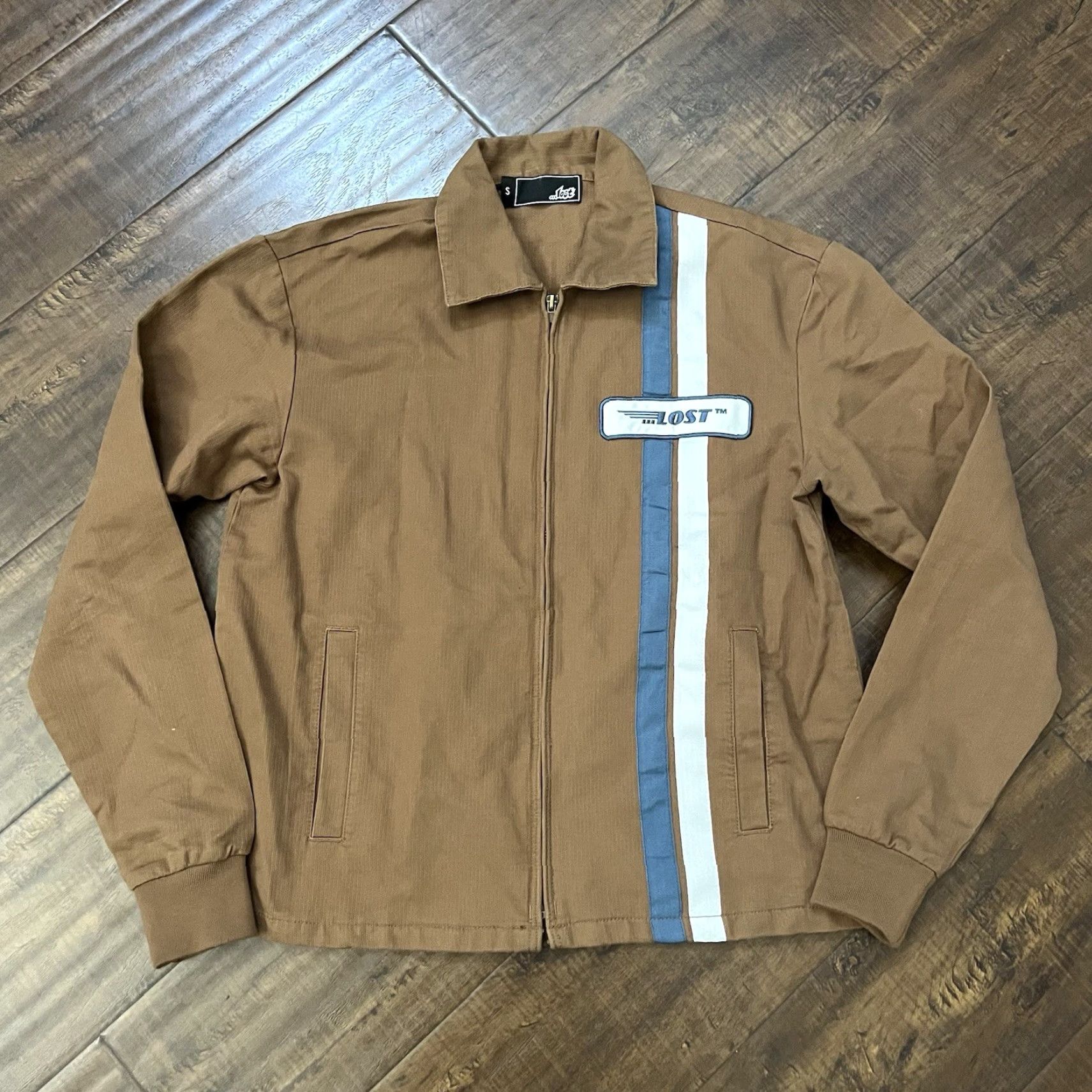 VINTAGE Lost Racing Jacket Mens Small Brown Retro Stripe Zip Outer
