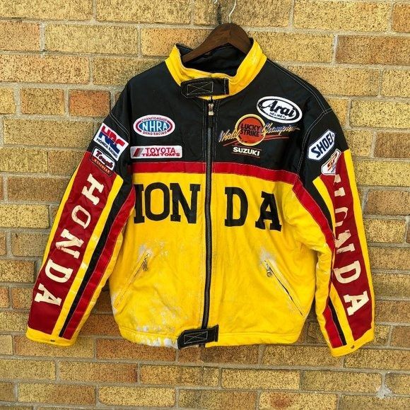 image of Vintage 1974 Honda Racing Jacket Leather Racing Jacket in Yellow, Men's (Size Large)