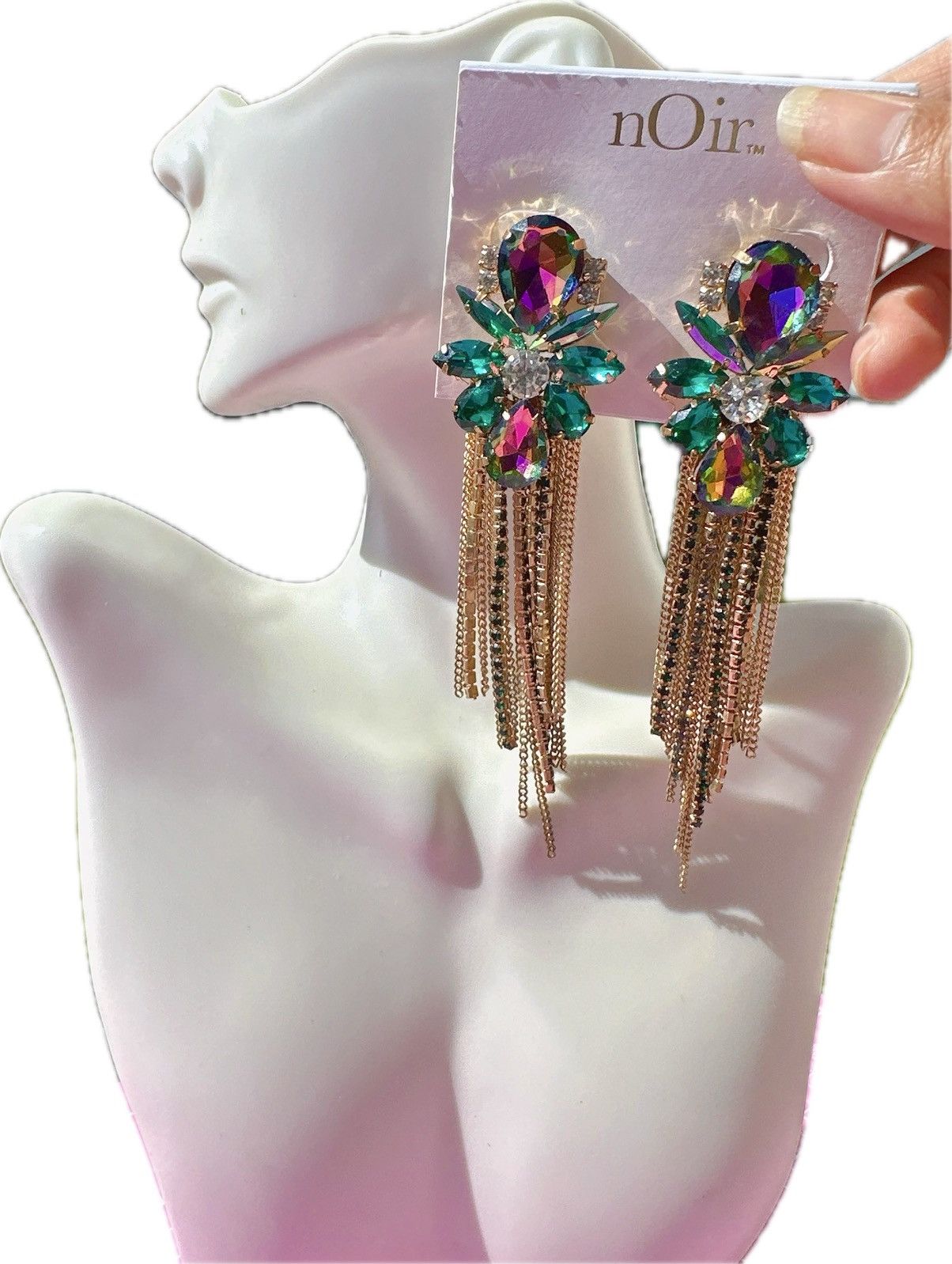Designer Noir earrings green crystals multi color reflective diamonds Size ONE SIZE - 1 Thumbnail