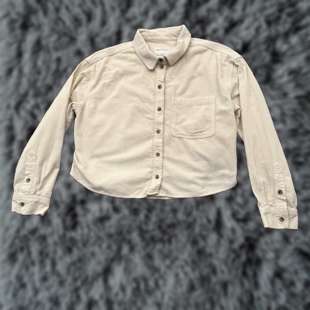 American Eagle Outfitters American Eagle Cropped Top Shirt Womens Size S Corduroy Grunge Casual Long Sleeve White 100% Cotton Pocketed Button-Up Decade Grunge Size S / US 4 / IT 40 - 1 Thumbnail