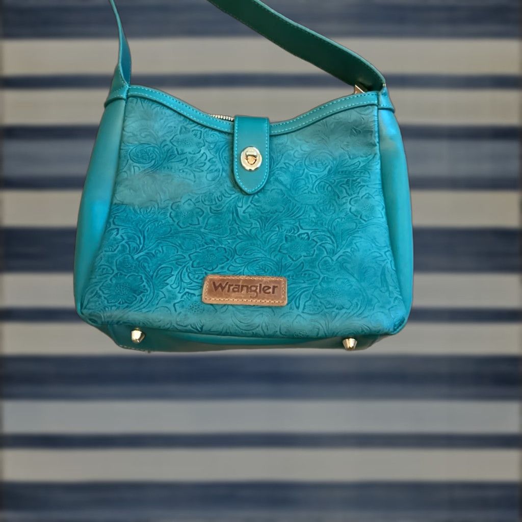 Wrangler Wrangler Turquoise Canvas Crossbody Handbag - Green/Teal Floral Embossed Exterior, Zip, Detachable Strap, Small, Women, Western Theme Size ONE SIZE - 1 Thumbnail