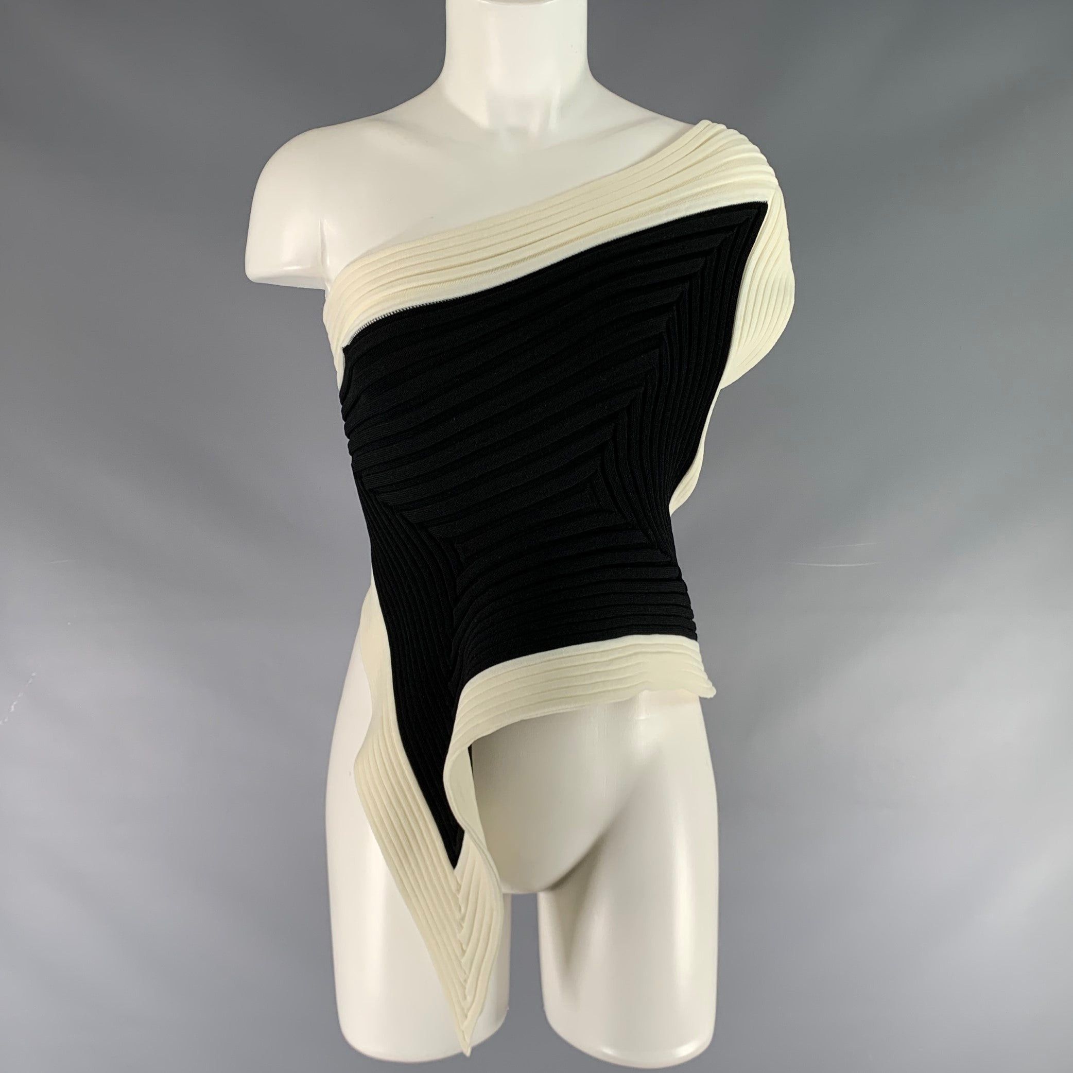 image of Issey Miyake Black White Polyester Ribbed One Shoulder Dress Top, Women's (Size XS)