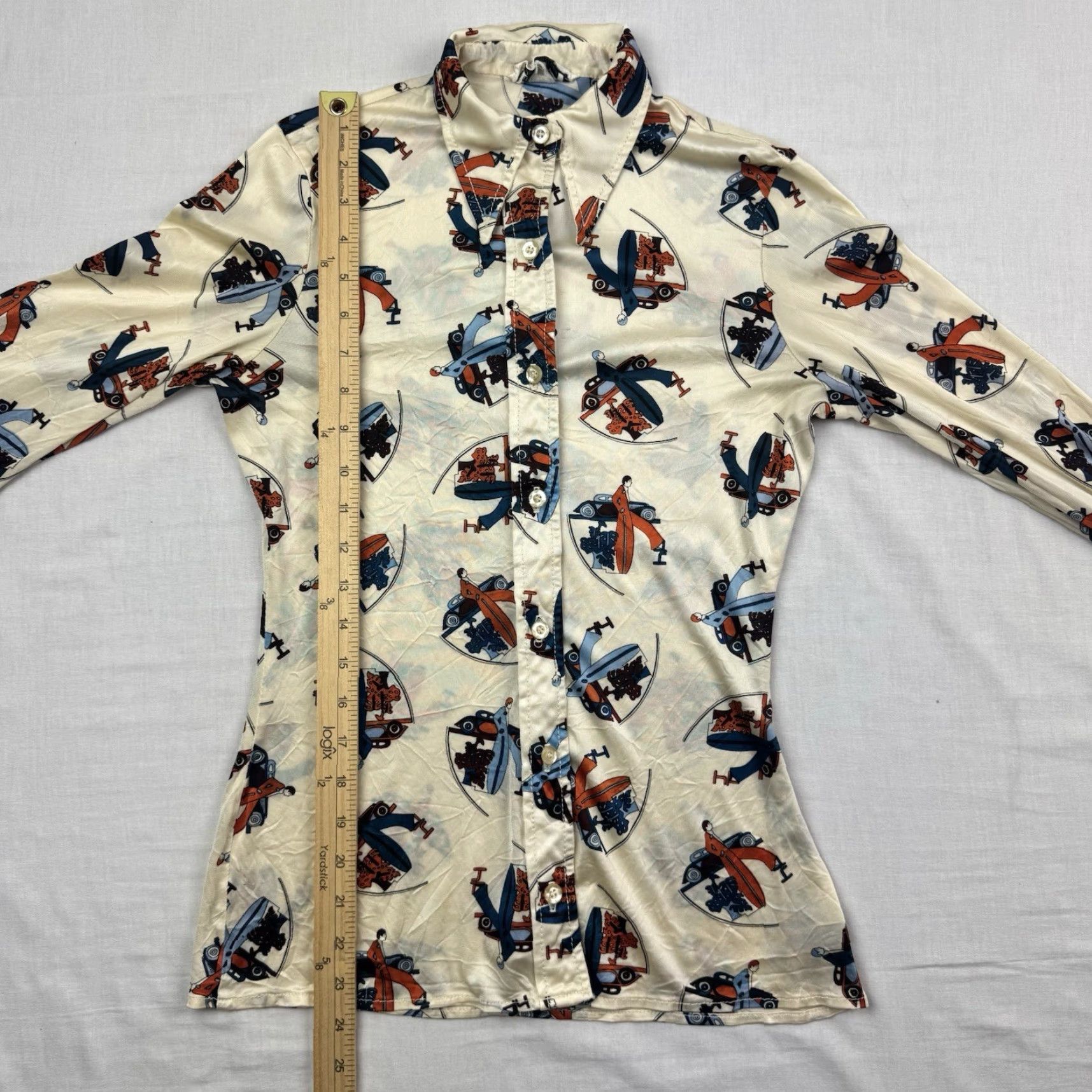 MCM VINTAGE MCM Button-Up Shirt Womens Small Ivory Rayon Collared Printed 60s 70s Mid Century Modern 70s 60s Size S / US 4 / IT 40 - 7 Thumbnail