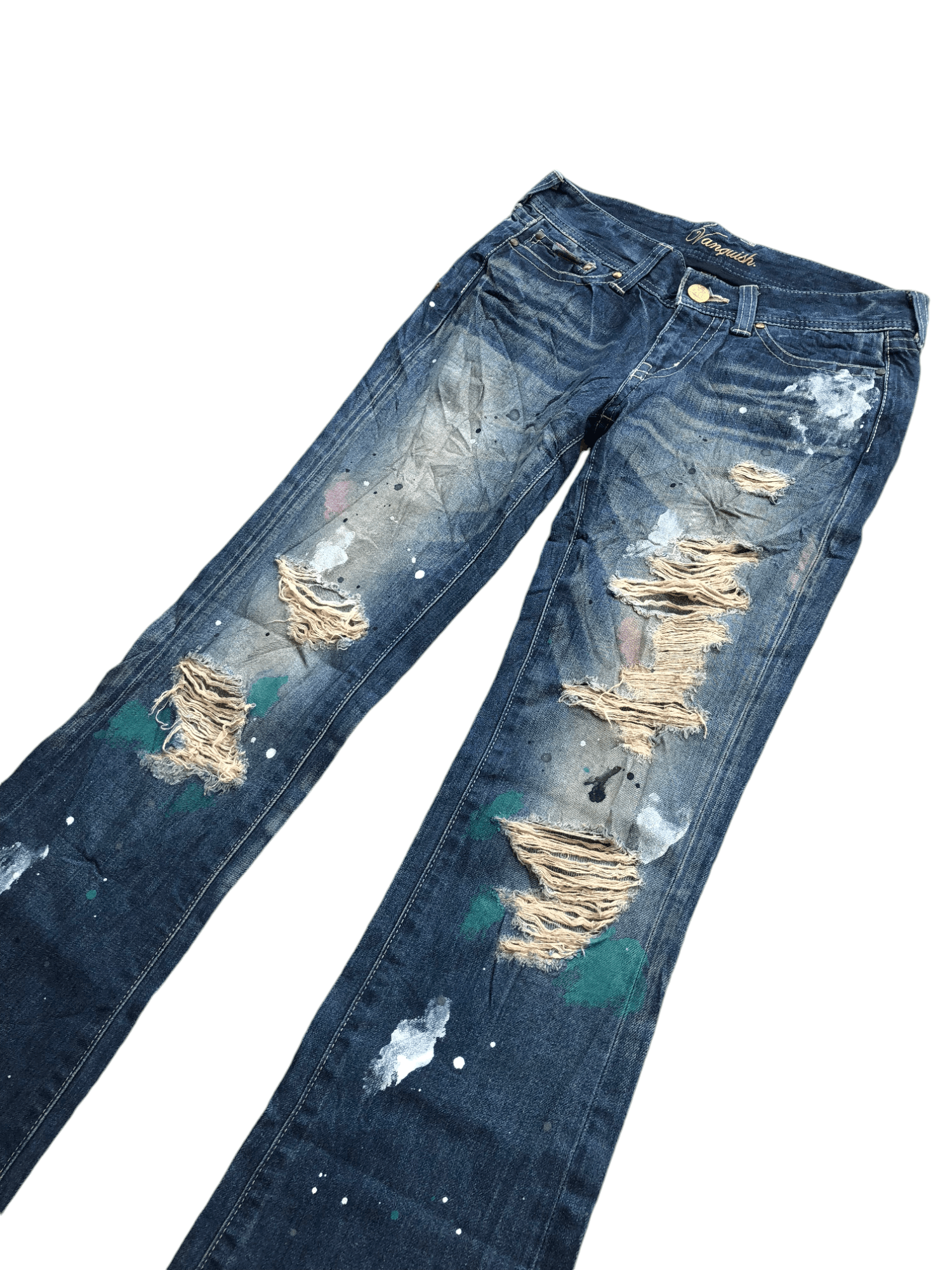 If Six Was Nine × Le Grande Bleu (L.G.B.) × Vanquish Vanquish Gold Distressed splatter flare denim Size US 30 / EU 46 - 3 Thumbnail