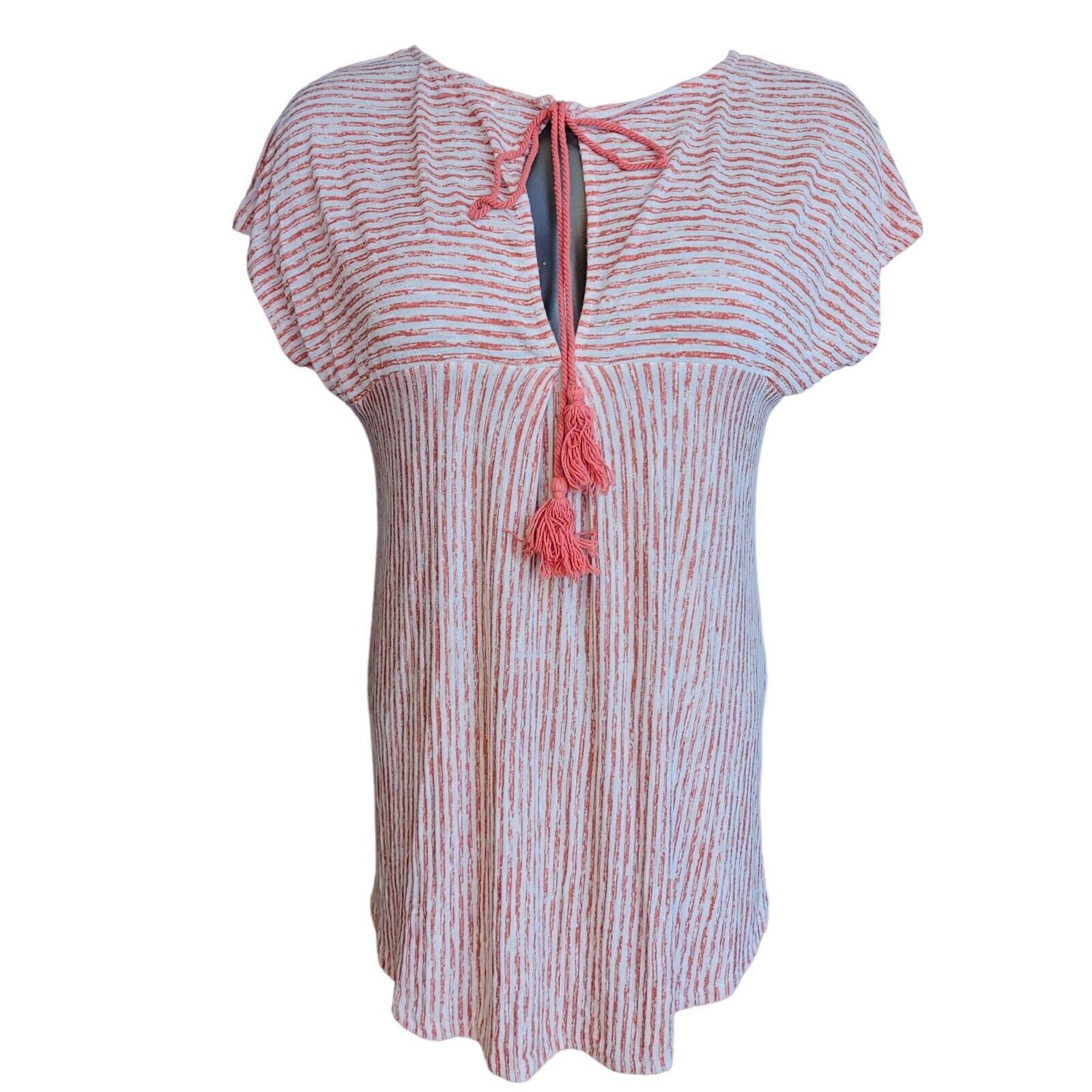 Other Pleione Women's Pink Striped Short Sleeve Slit Tasseled Top Size S / US 4 / IT 40 - 1 Thumbnail