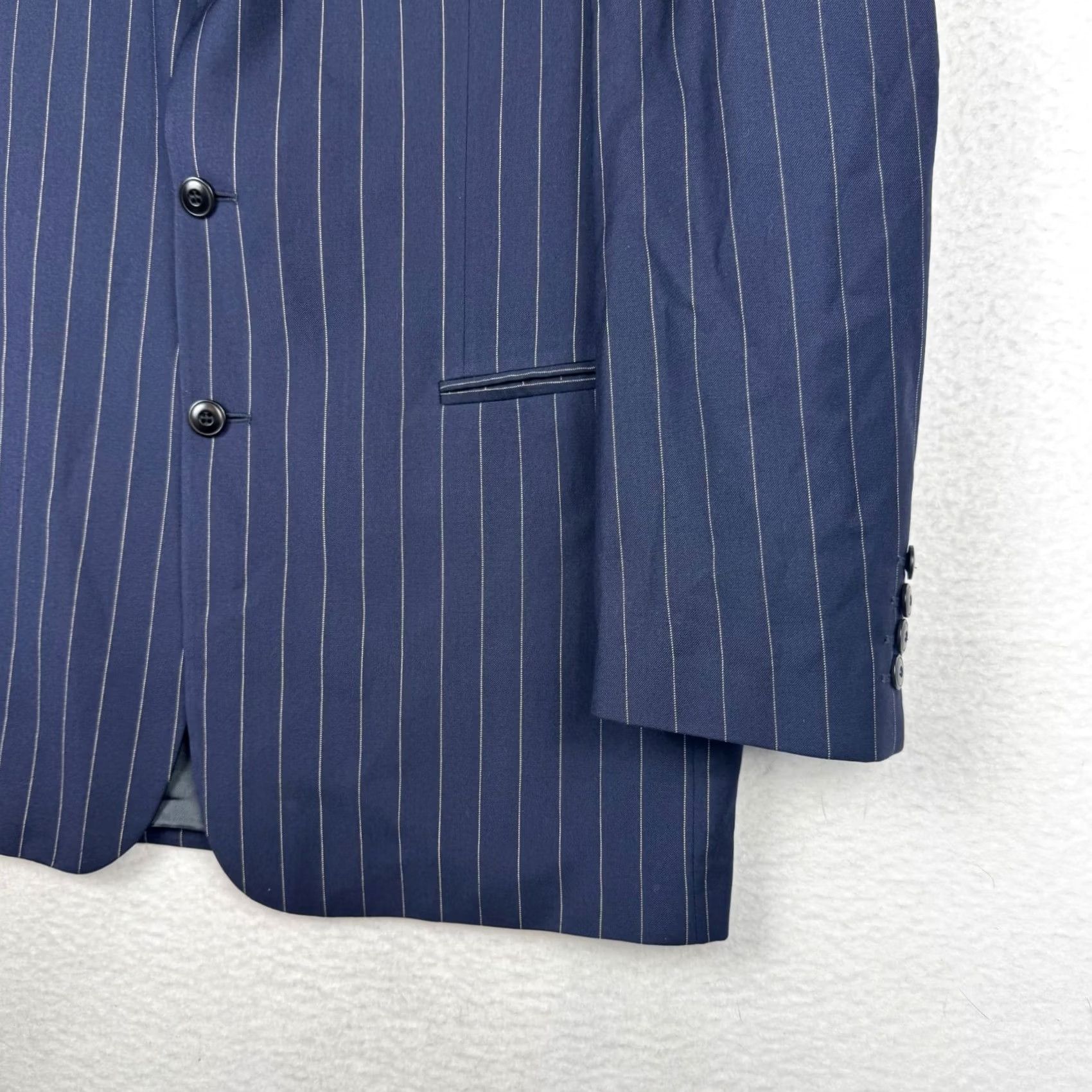 Vintage Bachrach Blazer Shirt: Mens 43 L Pisa Navy Blue Pin Stripe Super 120s Wool Silk Blazer Two Piece Notch Lapel 3-Button 4-Button Sleeve Size 46R - 3 Thumbnail