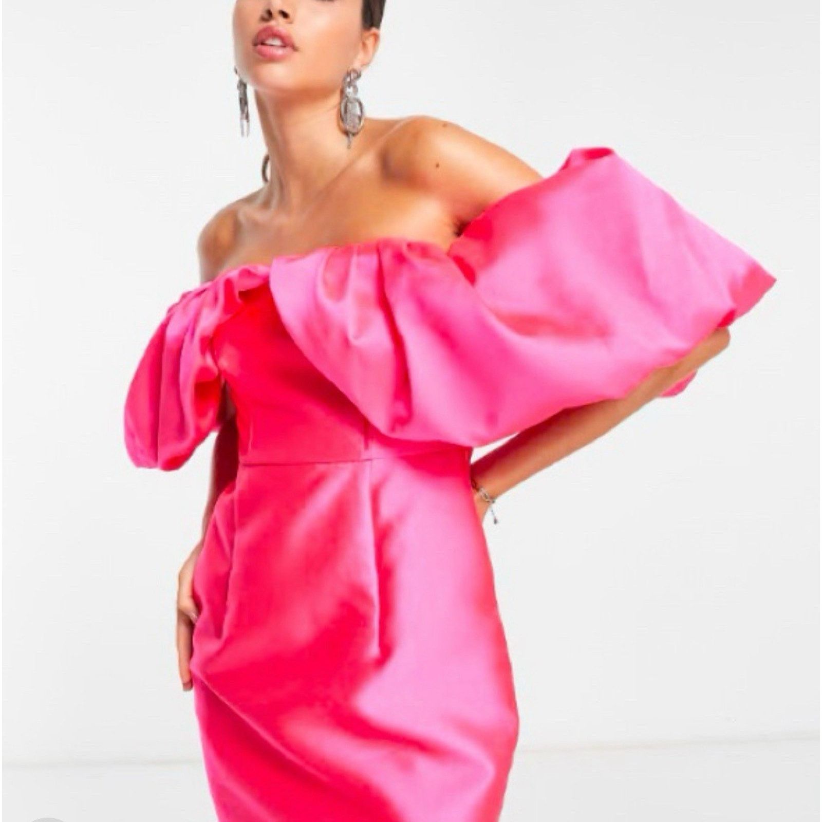 Asos NWOT ASOS Pink Volume Sleeve Off The Shoulder Dress 8 Size M / US 6-8 / IT 42-44 - 2 Thumbnail