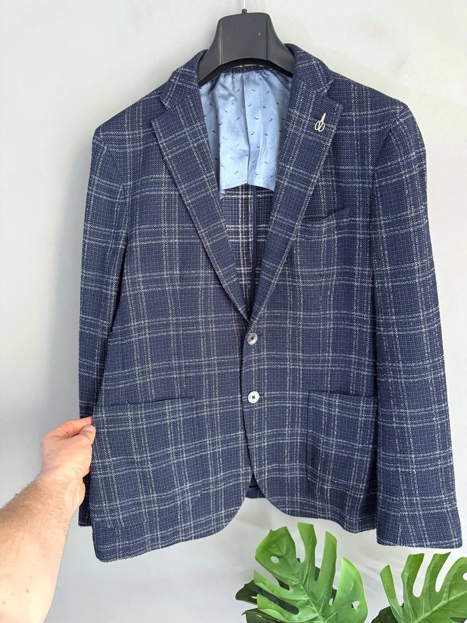 Paoloni Paoloni Men's Blazer Wool/Cotton Dark Blue Check, Size 52 Size 52R - 7 Thumbnail