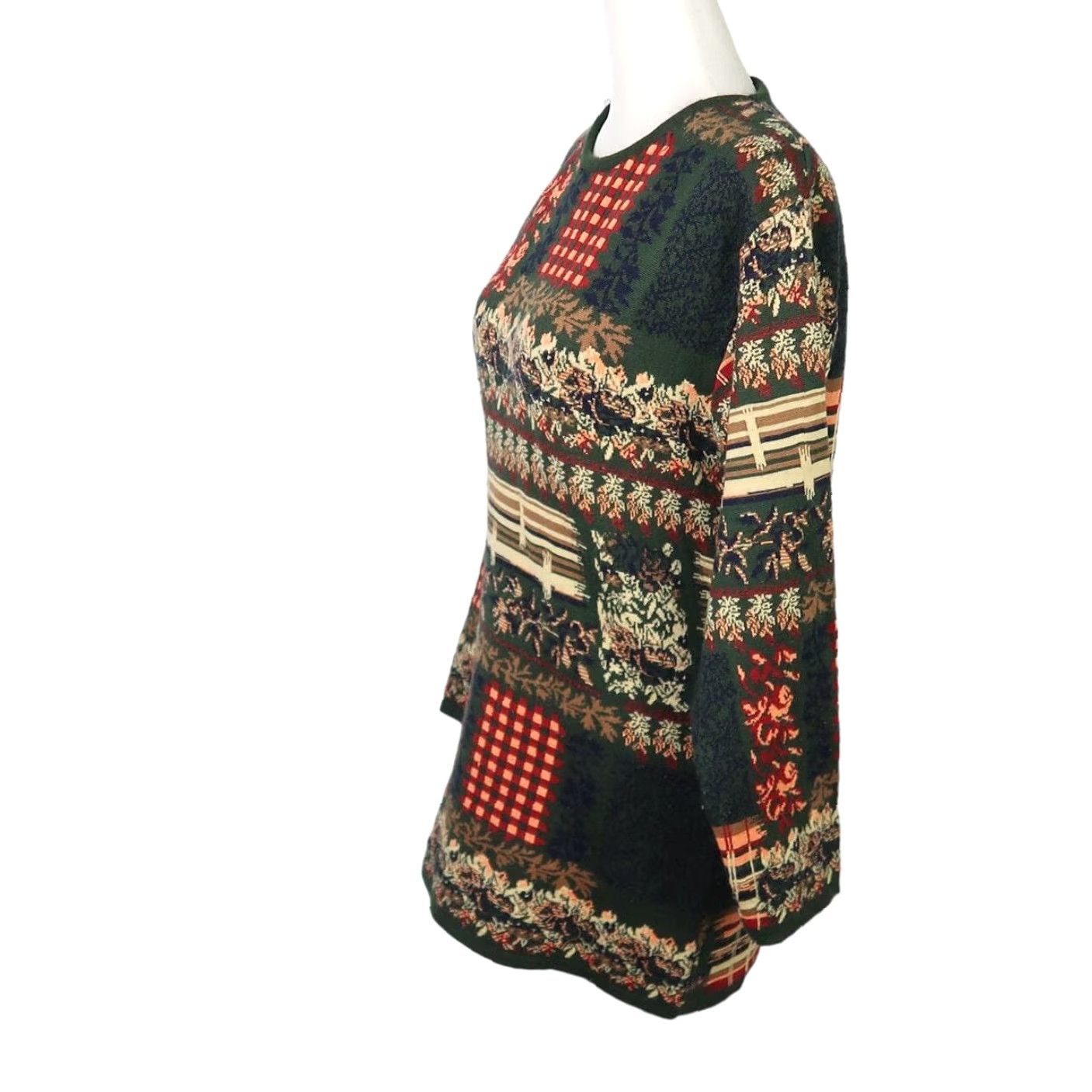 Vintage VINTAGE 90s dark green cream mixed print scenic knit wool blend sweater M Women's Pullover Wool Blend Long Sleeve Floral Size M / US 6-8 / IT 42-44 - 3 Thumbnail