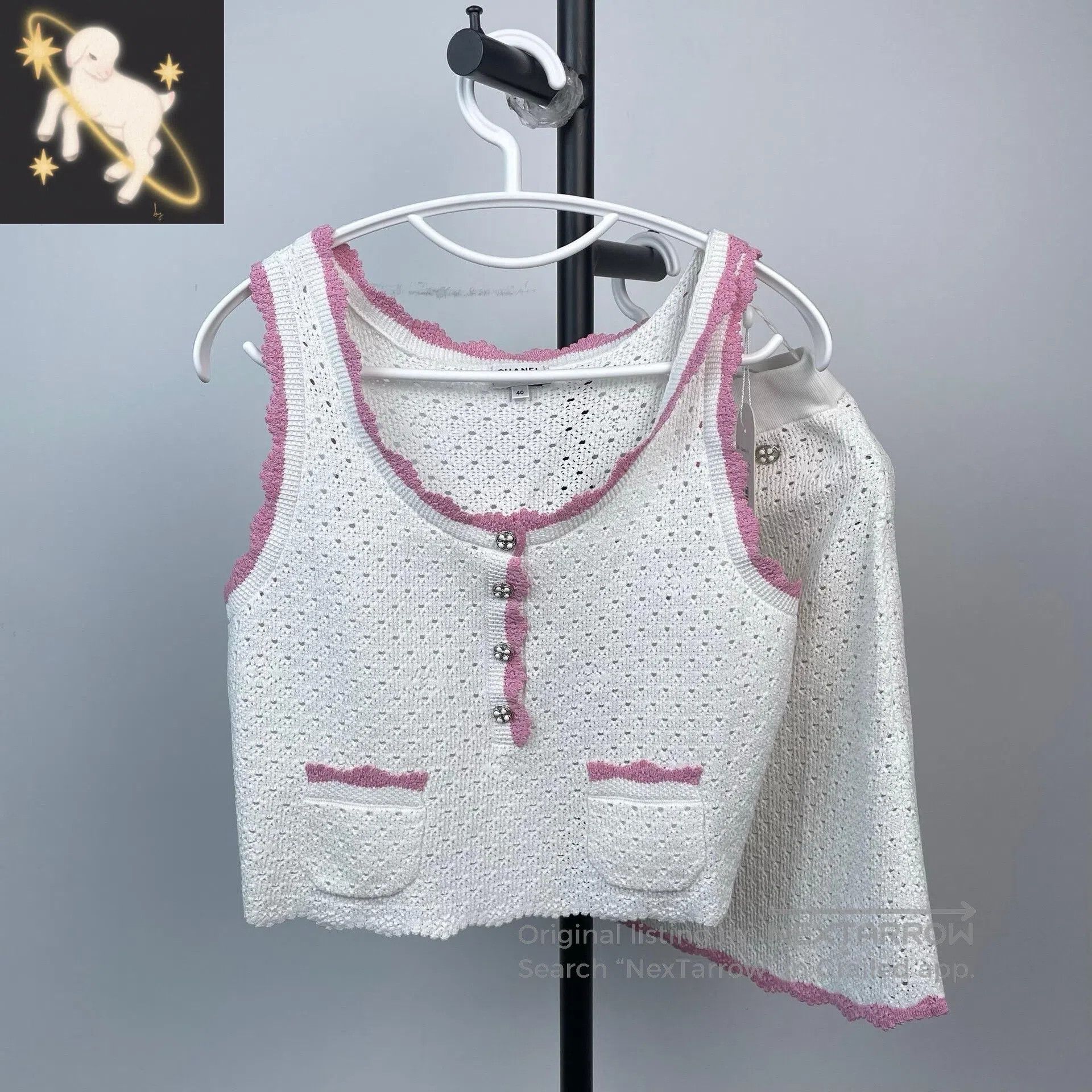 Chanel Chanel Pink and White Lace Knit Vest Half Skirt| Size 37" - 1 Thumbnail