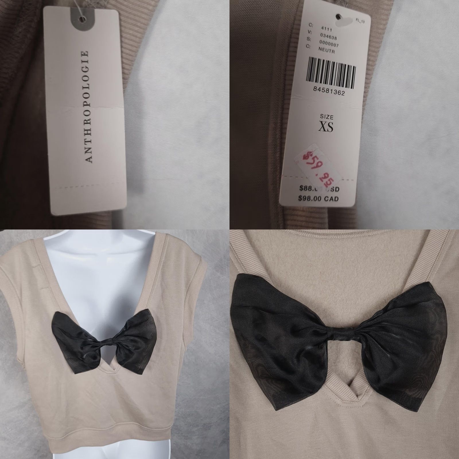 Anthropologie Maeve by Anthropologie Sweater Vest Womens XS Beige Bow Back Knit Sleeveless Crew Neck Casual Layering Size XS / US 0-2 / IT 36-38 - 9 Thumbnail
