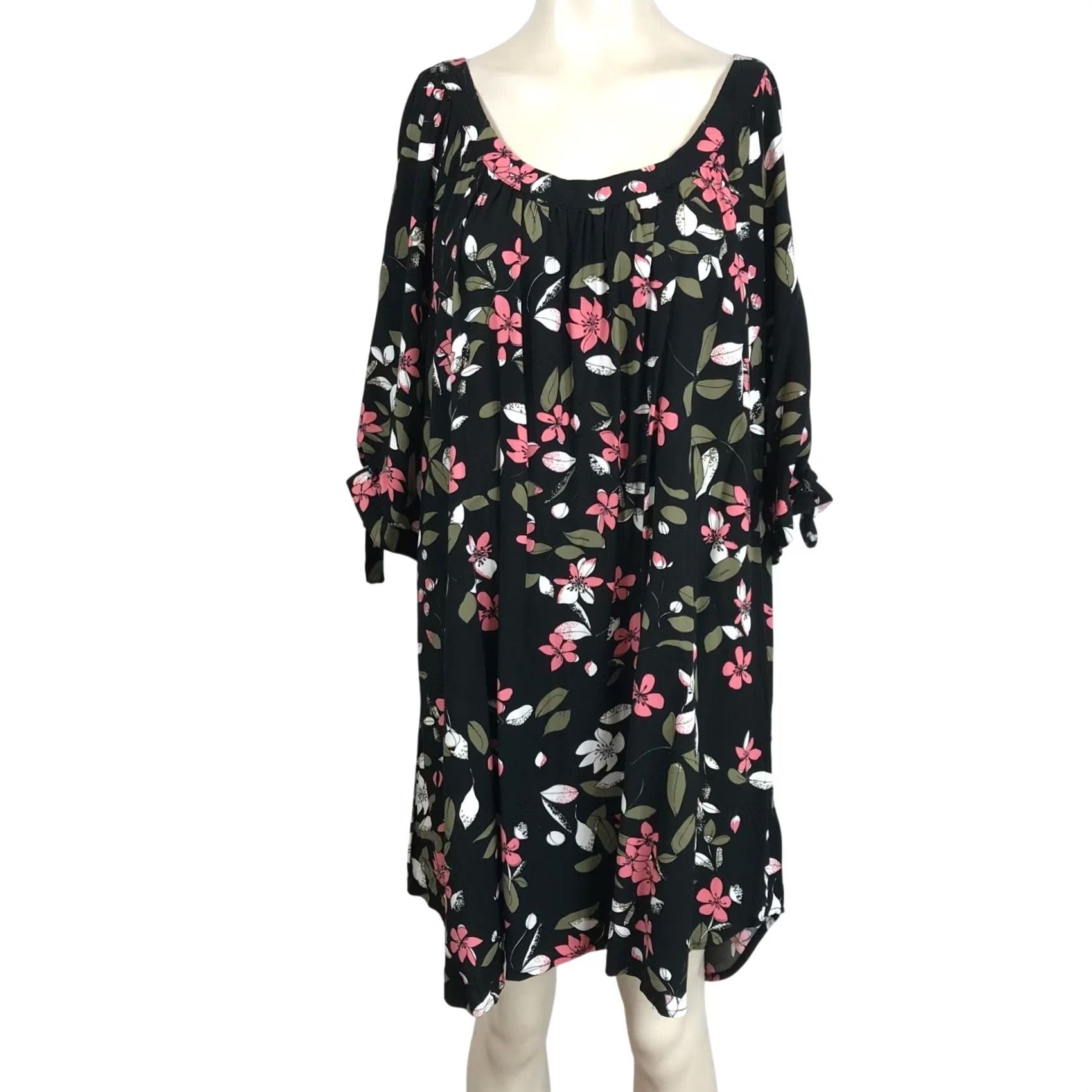Vintage Ellos Womens 26 Black Floral 3/4 SLEEvE ROUND NECK Rayon Dress Size 4XL / US 24-26 - 2 Thumbnail