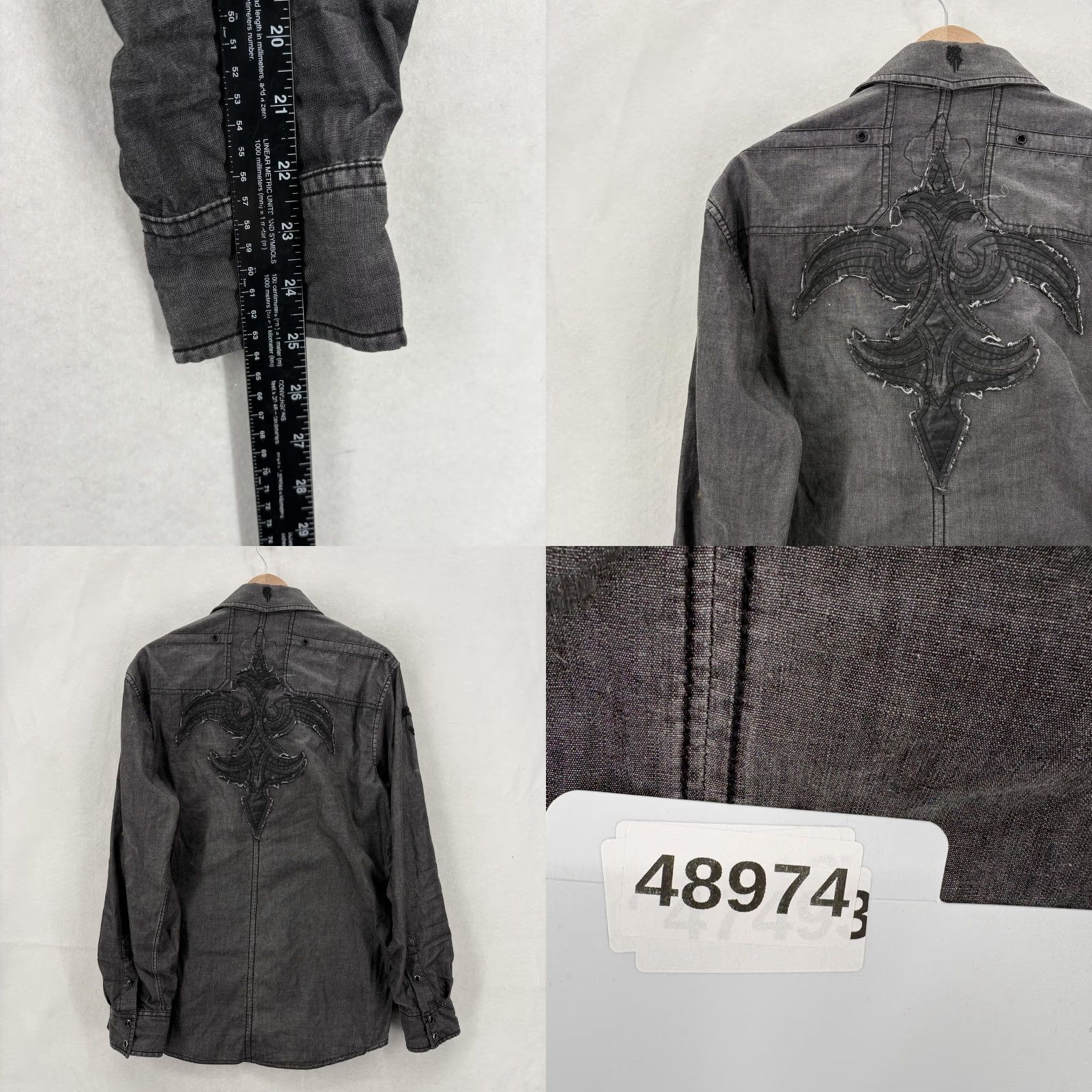 Roar Roar Shirt Mens Large Gray Chambray Long Sleeve Button-Up Applique Grunge Y2K Size US L / EU 52-54 / 3 - 9 Thumbnail