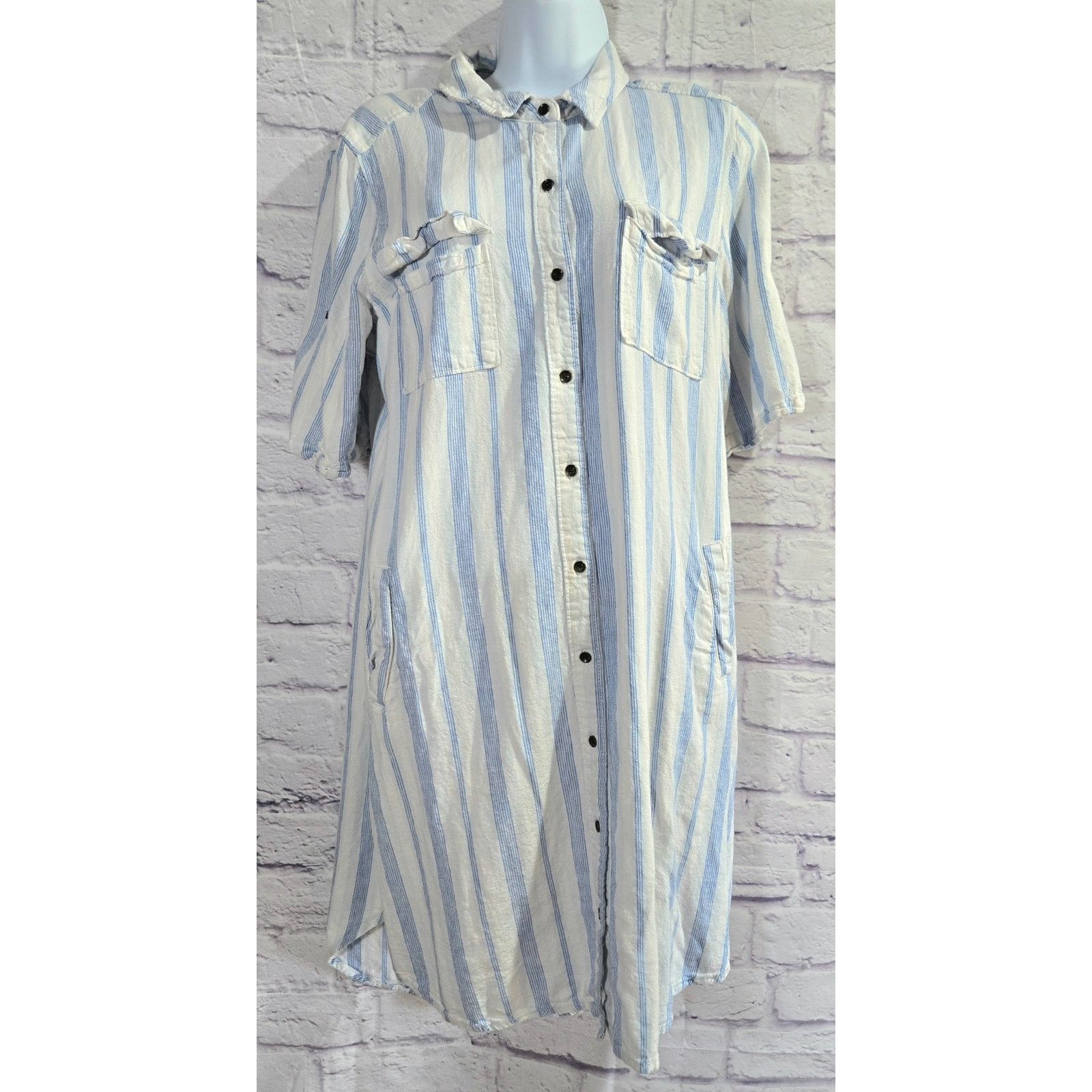 Other Intro Blue White Striped Linen Button Up Shirt Dress L Size L / US 10 / IT 46 - 1 Thumbnail