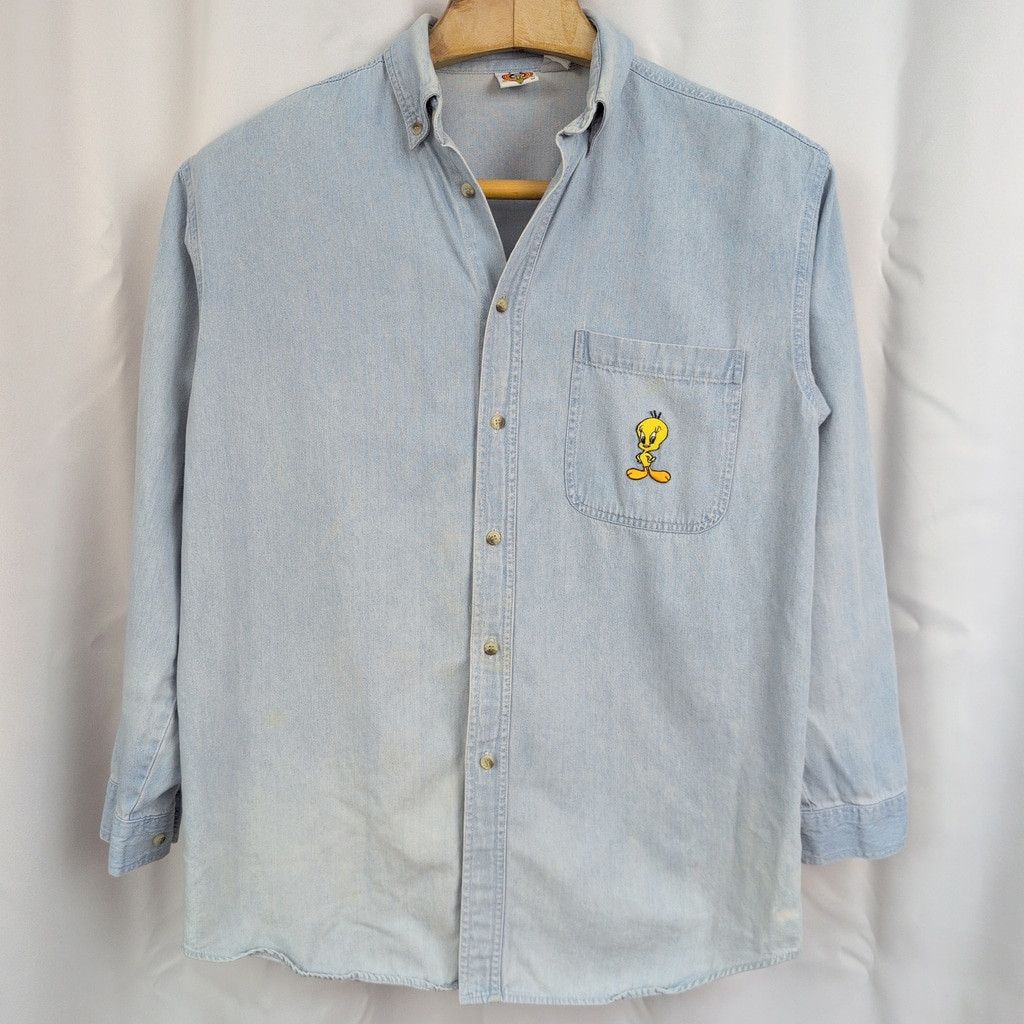 Warner Bros Y2k Looney Tunes Tweety Distressed Denim Shirt Size US L / EU 52-54 / 3 - 2 Thumbnail