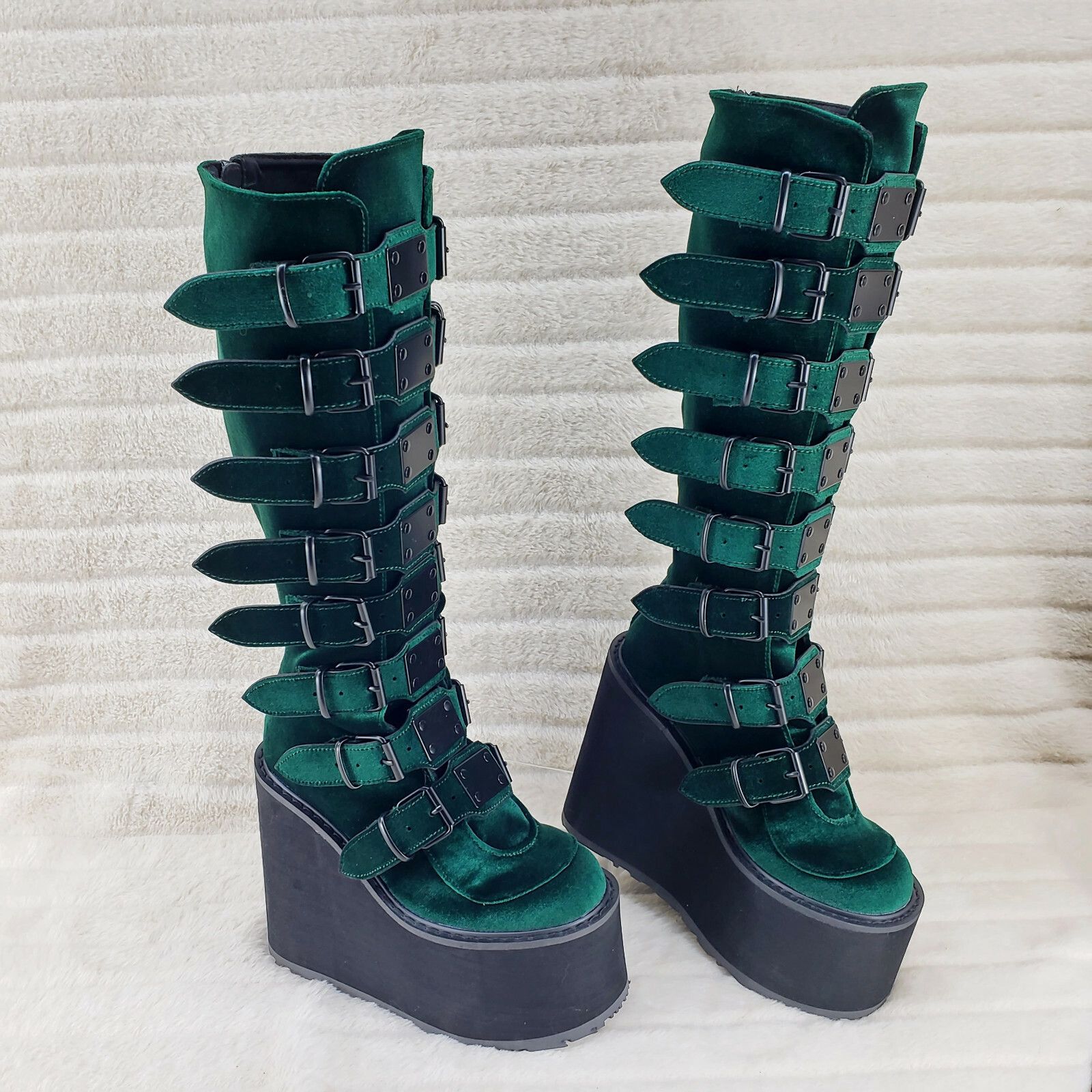 DEMONIA Trinity Swing 815 Emerald Green Velvet Goth Knee Boo
