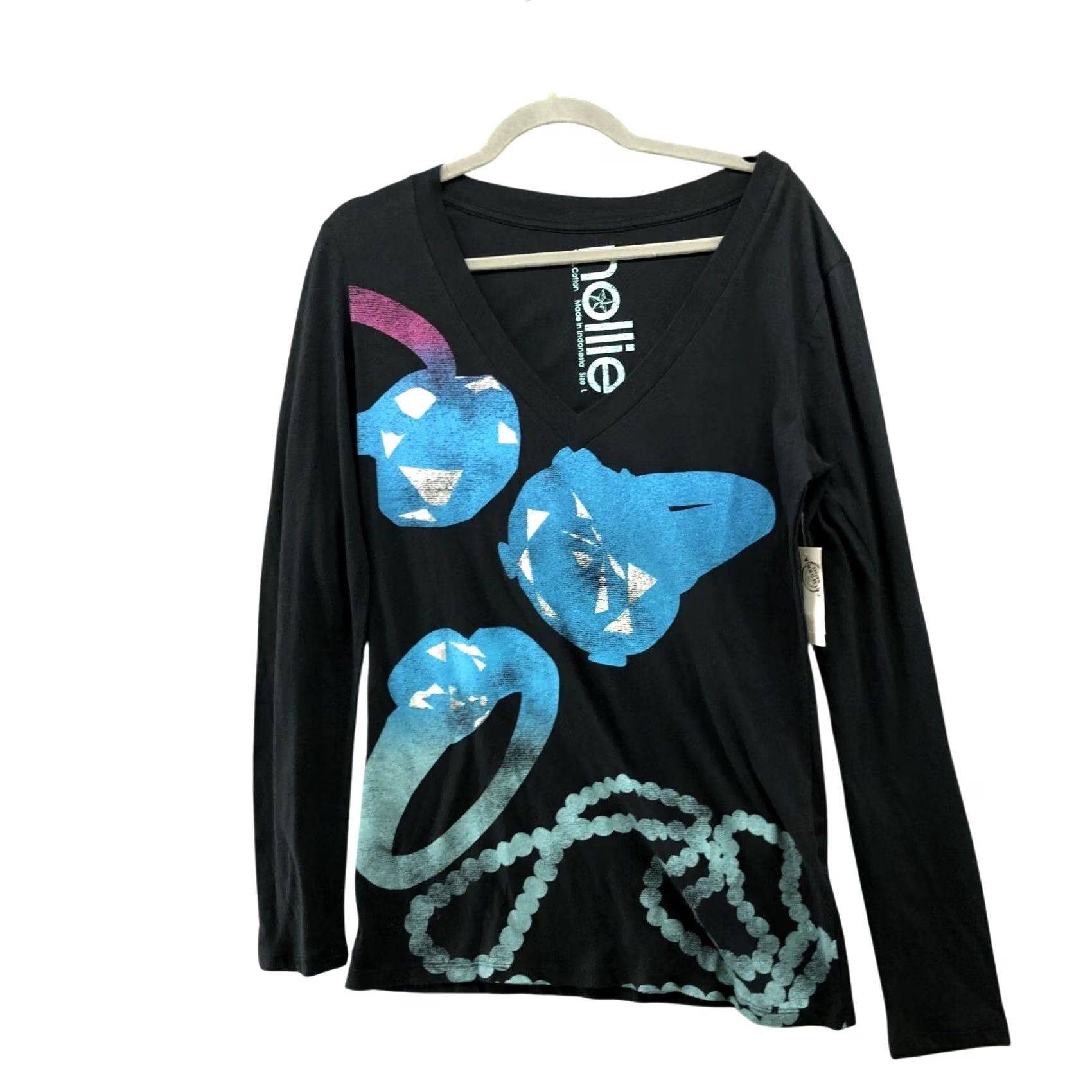 Vintage Nollie T-Shirt Womens L Long Sleeve V-Neck Black Cotton Jewelry Graphic NWT Size L / US 10 / IT 46 - 2 Thumbnail