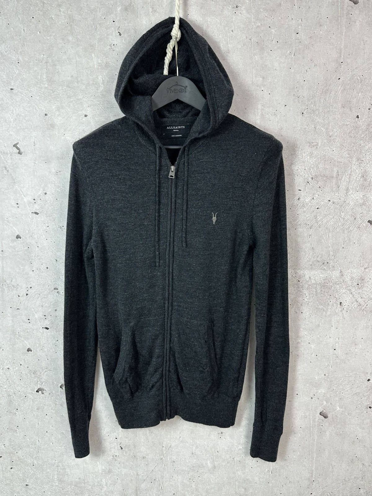 Allsaints Mode Merino Wool Long Sleeve Dark Grey Zip Hoodie