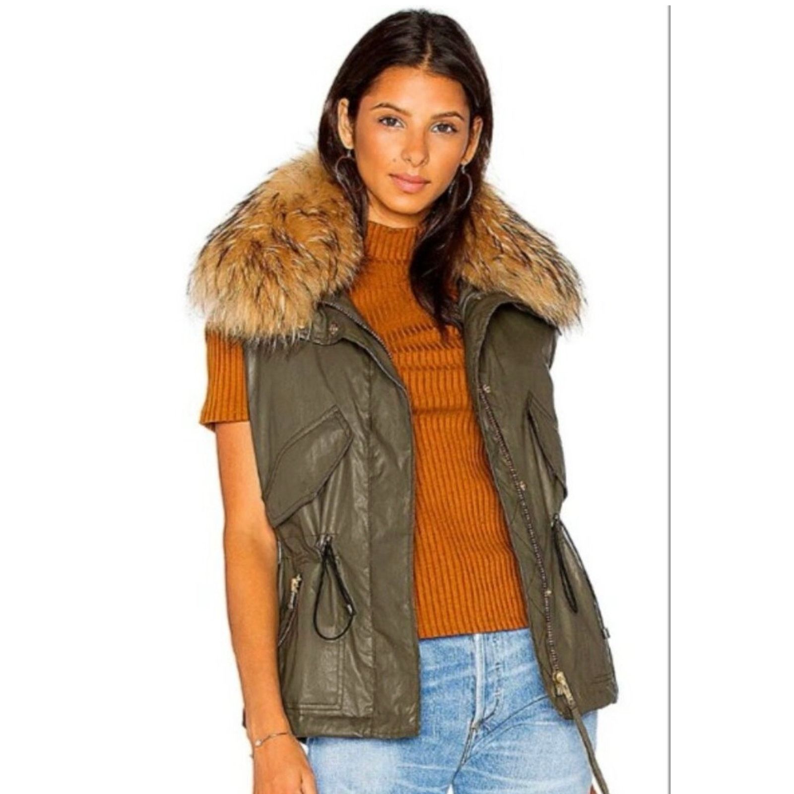SAM. SAM NY Raccoon Fur Hood, Khaki Wax Vest Small Size S / US 4 / IT 40 - 1 Thumbnail