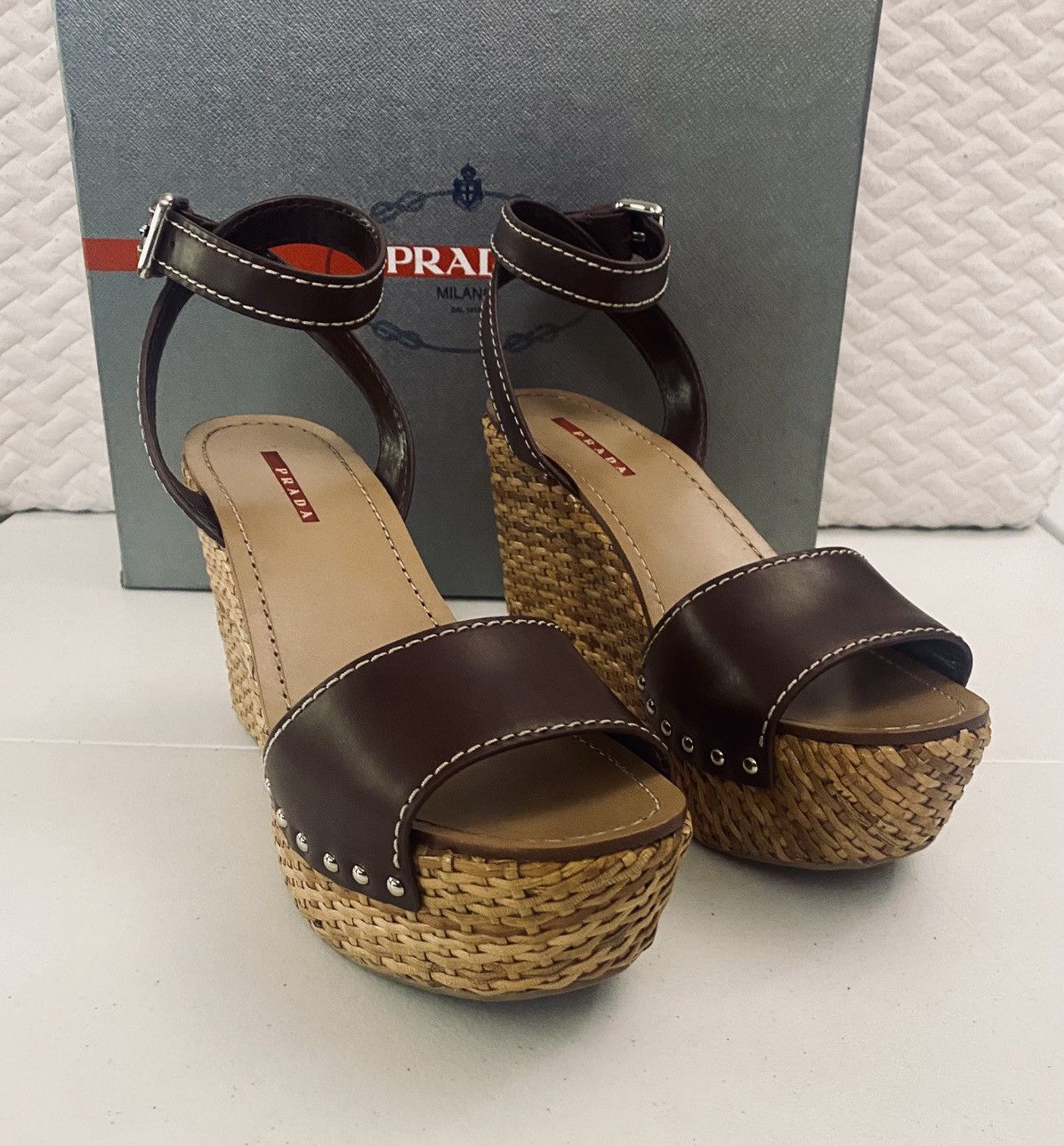 Prada Prada Brown Leather Wicker Wedge Sandals 3XZ175 10 US NEW Size US 10 / IT 40 - 1 Thumbnail