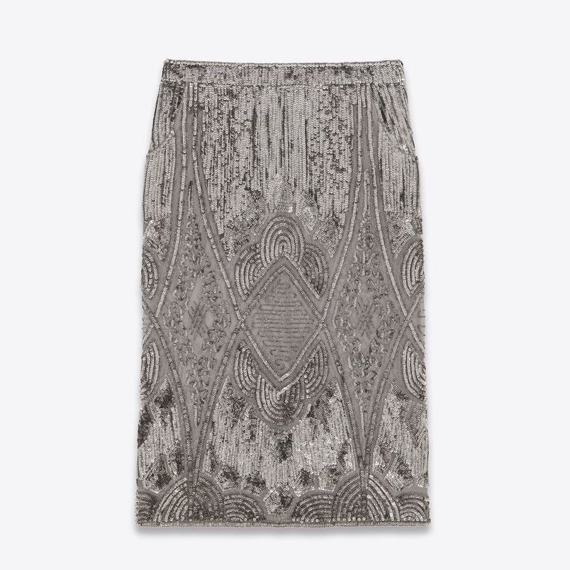 Saint Laurent Paris o1s1wg111124 Midi Skirt in Embroidered Silk Tulle in Silver Size 26" / US 2 / IT 38 - 1 Thumbnail
