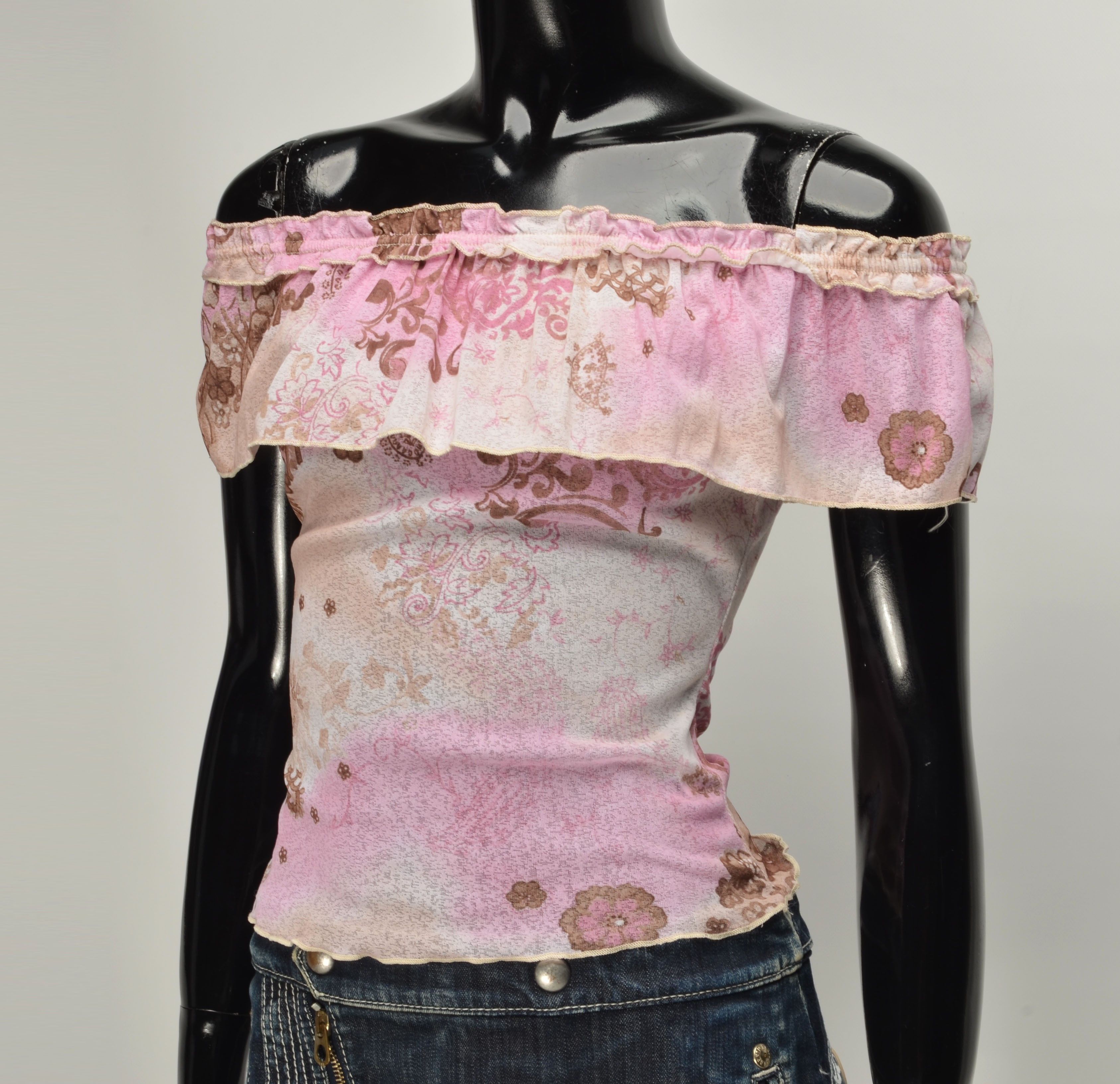 Designer Vila Y2K Cottage Fairy Mesh Printed Off Shoulders French Top Size S / US 4 / IT 40 - 2 Thumbnail