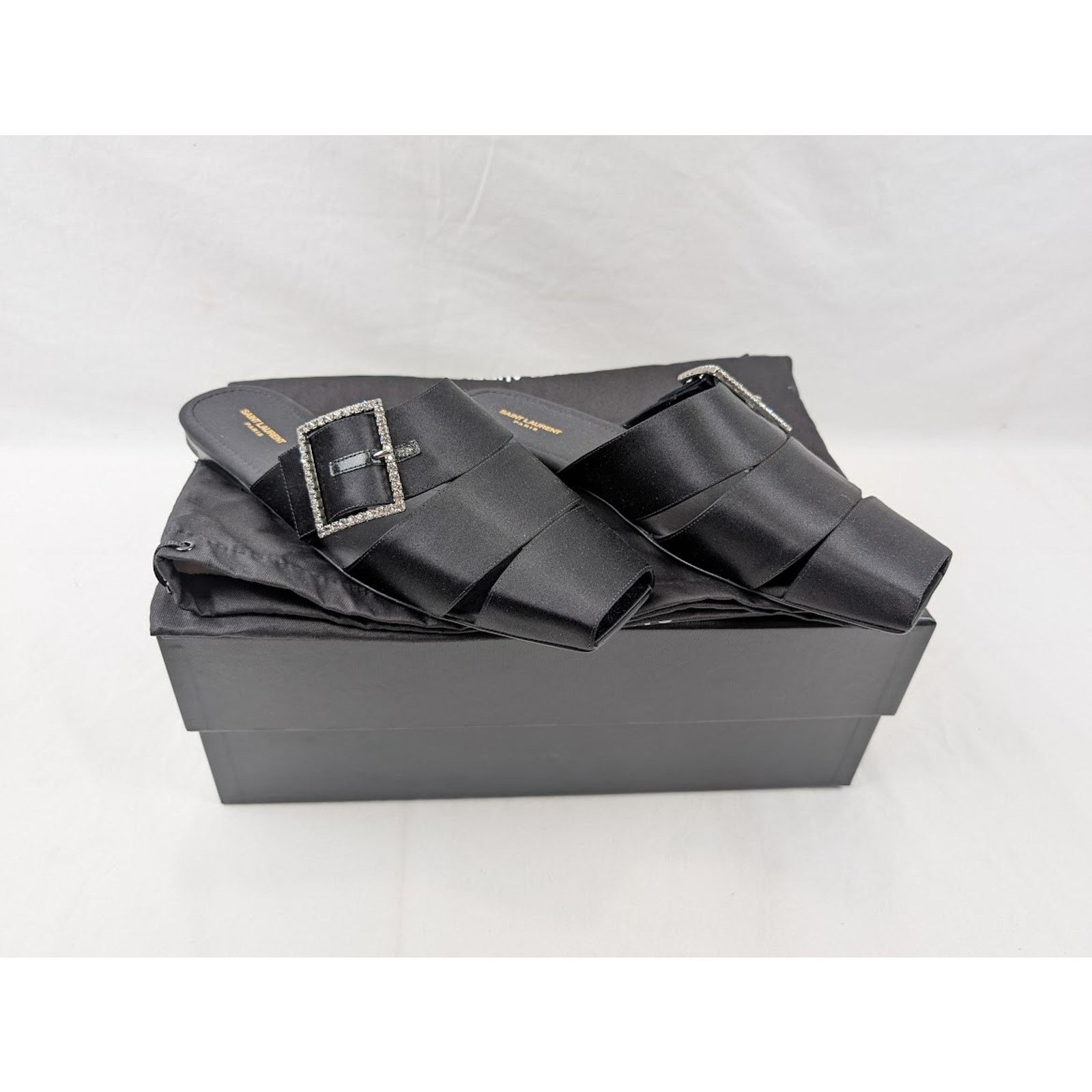 Saint Laurent Paris o1rshd1 Jacques Slide Strass Crepe Satin Sandal in Nero Size US 10.5 / EU 43-44 - 15 Thumbnail