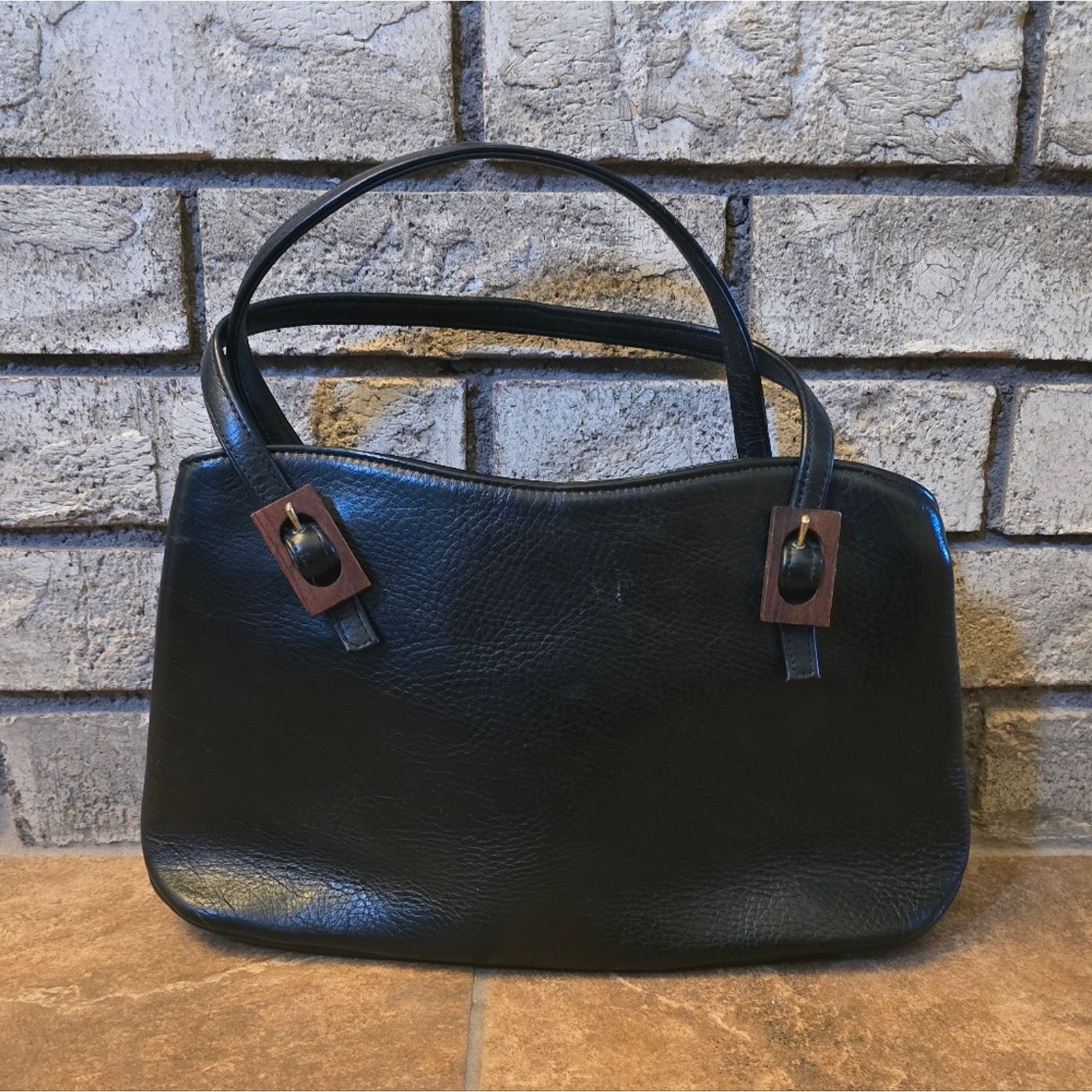 Other Black Wood Detailed Faux Leather Handbag Size ONE SIZE - 1 Thumbnail