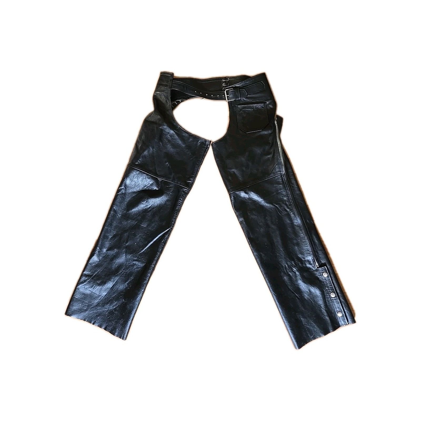 Vintage Black Leather Chaps Medium Waist size 32-38- Zipper Snaps Size US 33 - 1 Thumbnail