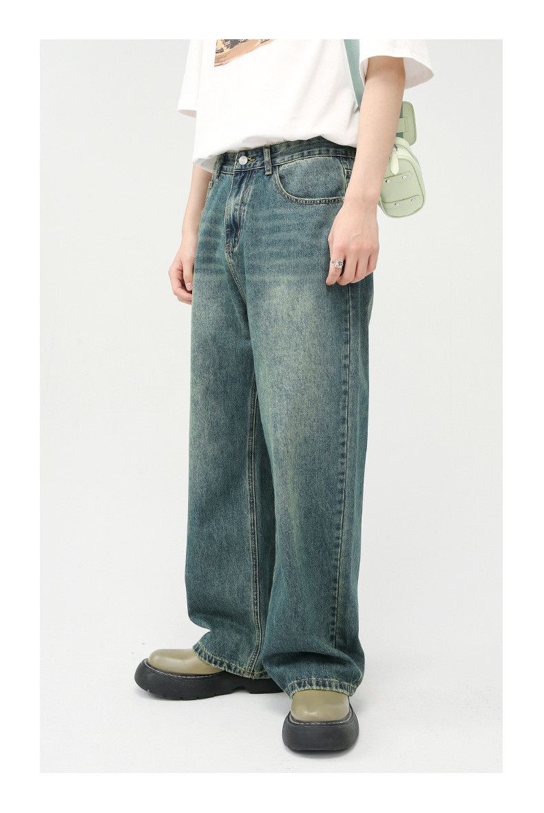 Japanese Brand × Jean Washed distressed straight-leg dark green wide-leg jeans Size US 32 / EU 48 - 2 Thumbnail