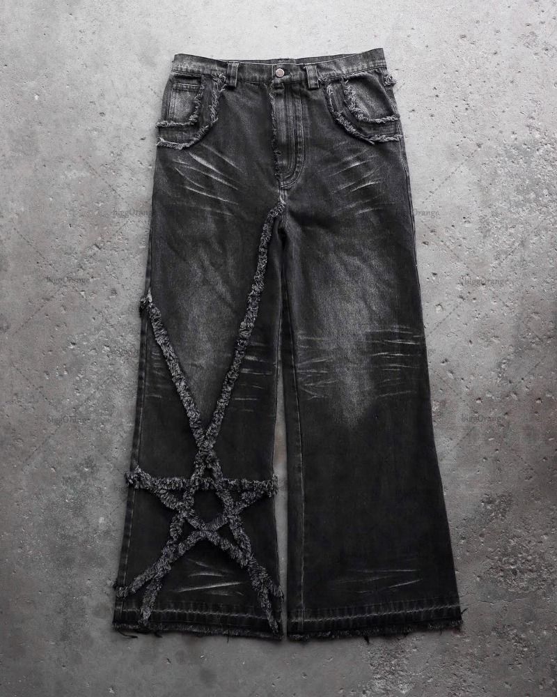 Pre-owned Distressed Denim Goth Star Furred Jeans In Black