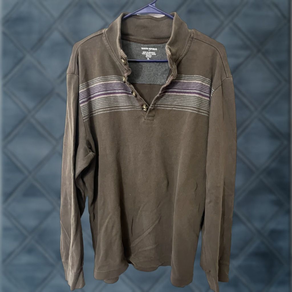 Banana Republic Banana Republic Sweater Mens Pullover 1/4 Button XL Brown Striped Cotton Size US XL / EU 56 / 4 - 1 Thumbnail