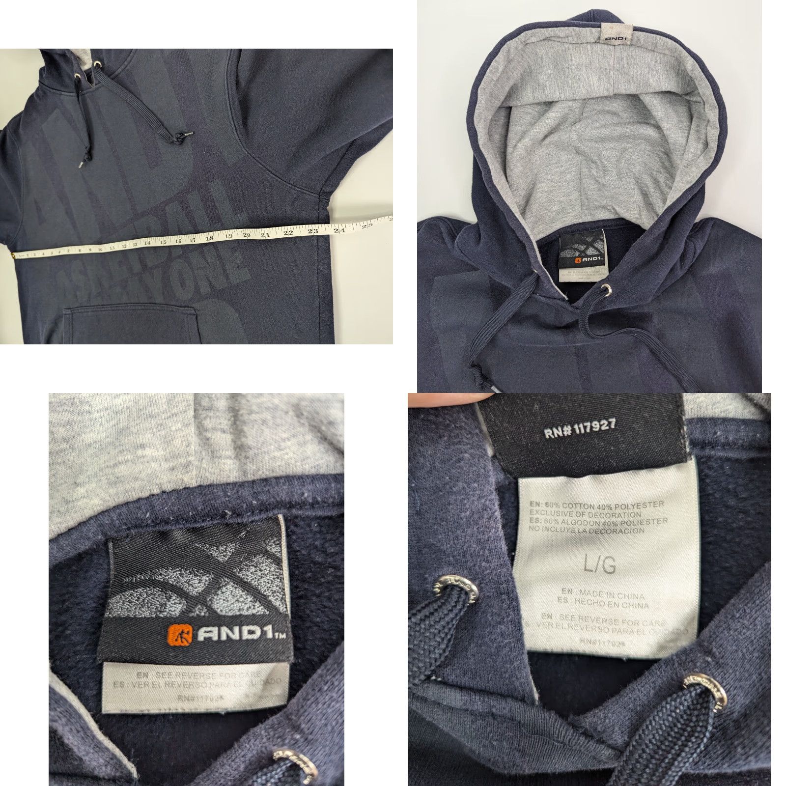 Vintage VINTAGE AND1 Hoodie Mens L Navy Drawstring Hooded Sweatshirt Distressed Logo Graphic Print Blue Cotton Blend Size US L / EU 52-54 / 3 - 8 Thumbnail