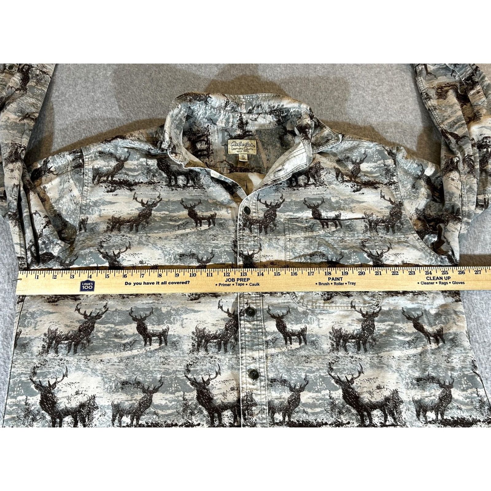 Vintage Cabela's Deerskin Soft Chamois Shirt Mens XLT Long Sleeve Button-Up Print Deer Graphic Casual Fall Hunting Outdoors Gray/Beige 100% Cotton Size US XL / EU 56 / 4 - 5 Thumbnail
