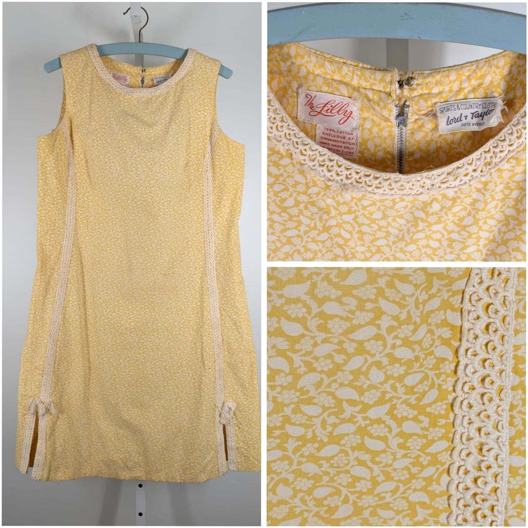 Lilly Pulitzer VINTAGE Lilly Pulitzer Shift Dress Yellow Floral Lace Trim Lord & Taylor 60s Women's Dress Size XS / US 0-2 / IT 36-38 - 2 Thumbnail