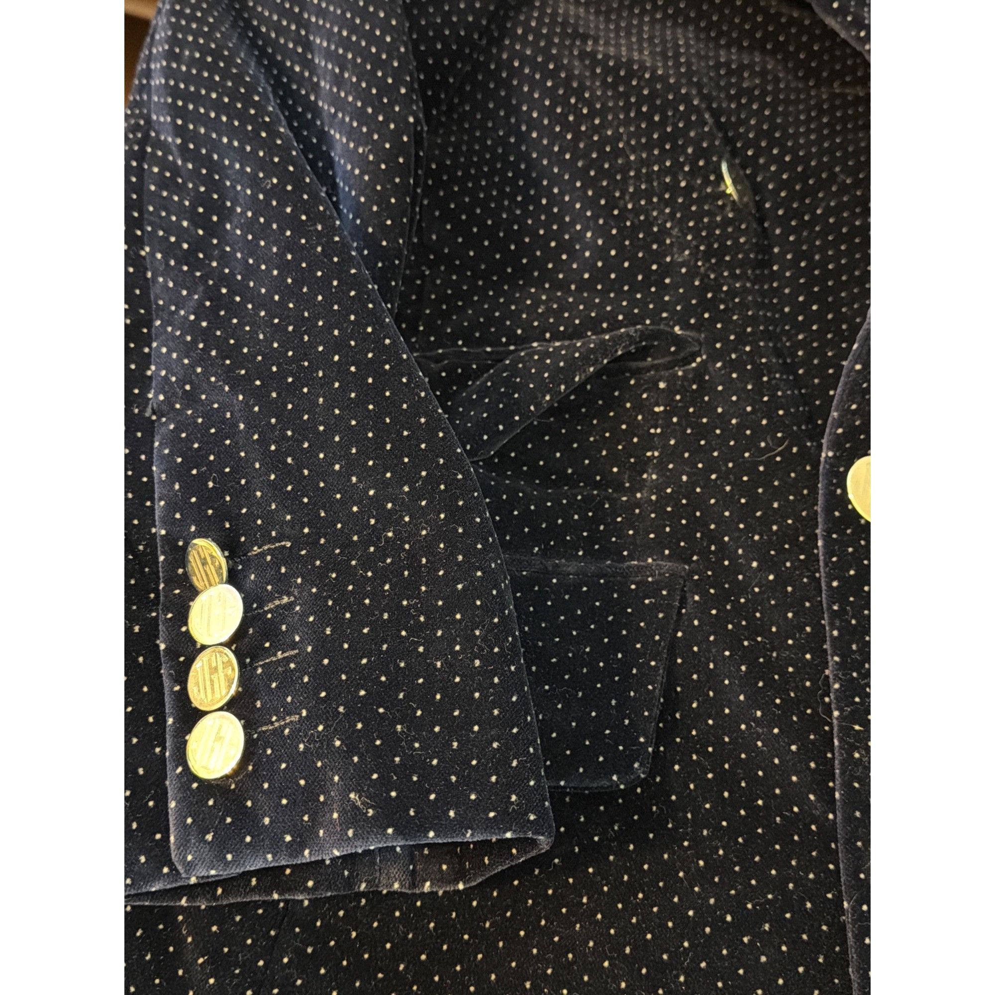 Other Vtg Navy Velvet Double-Breasted Polka Dot Jacket Silver Mono Size 36R - 2 Thumbnail