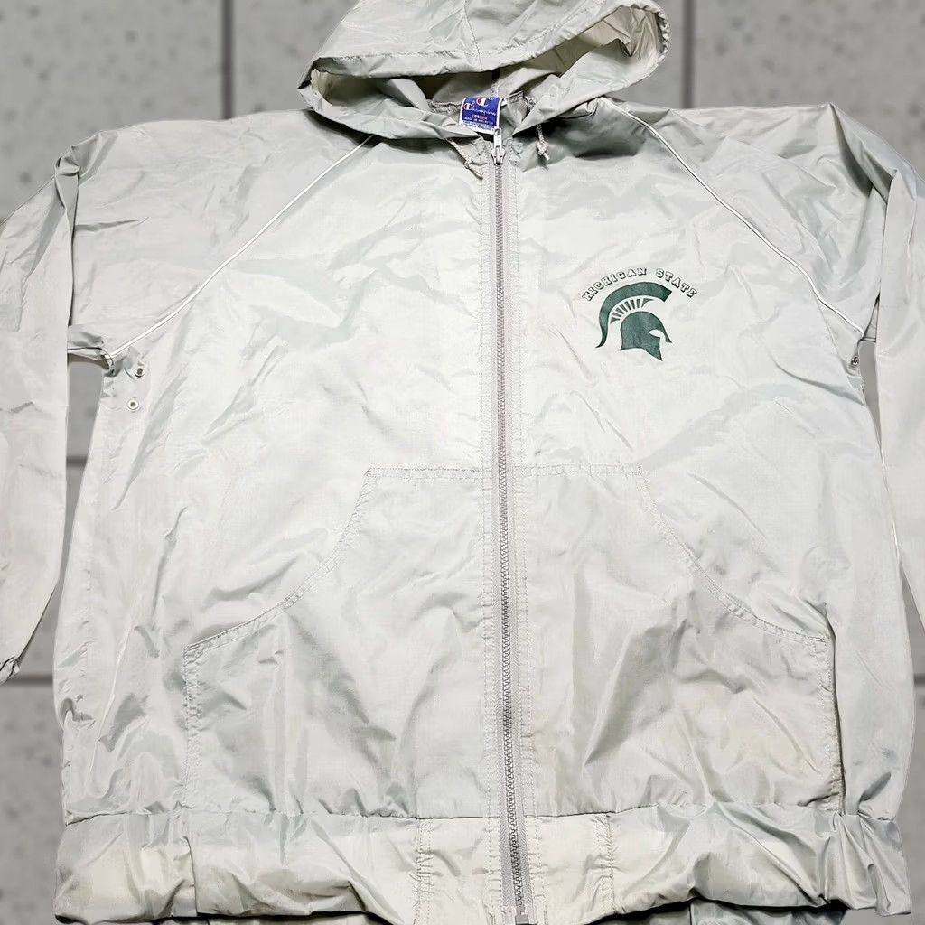Champion VINTAGE Champion Michigan State Spartans Hooded Windbreaker Jacket Men’s XL Gray 80's USA Logo Lightweight Zip Hooded Bungee Drawstring Size US XL / EU 56 / 4 - 1 Thumbnail