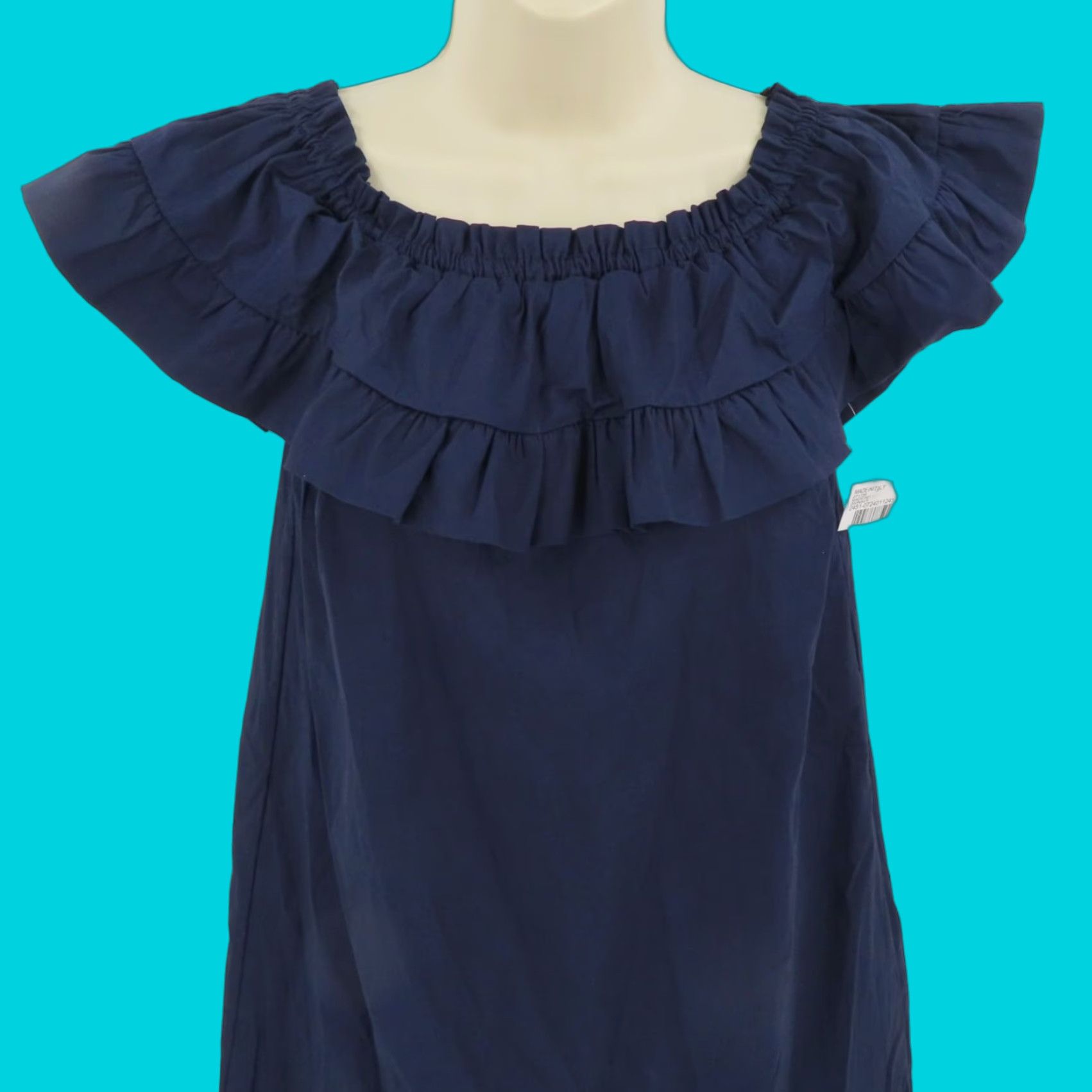 Vintage Women Medium Made in Italy Navy Blue Cotton Blend Ruffle Off Shoulder Dress NEW Size M / US 6-8 / IT 42-44 - 1 Thumbnail