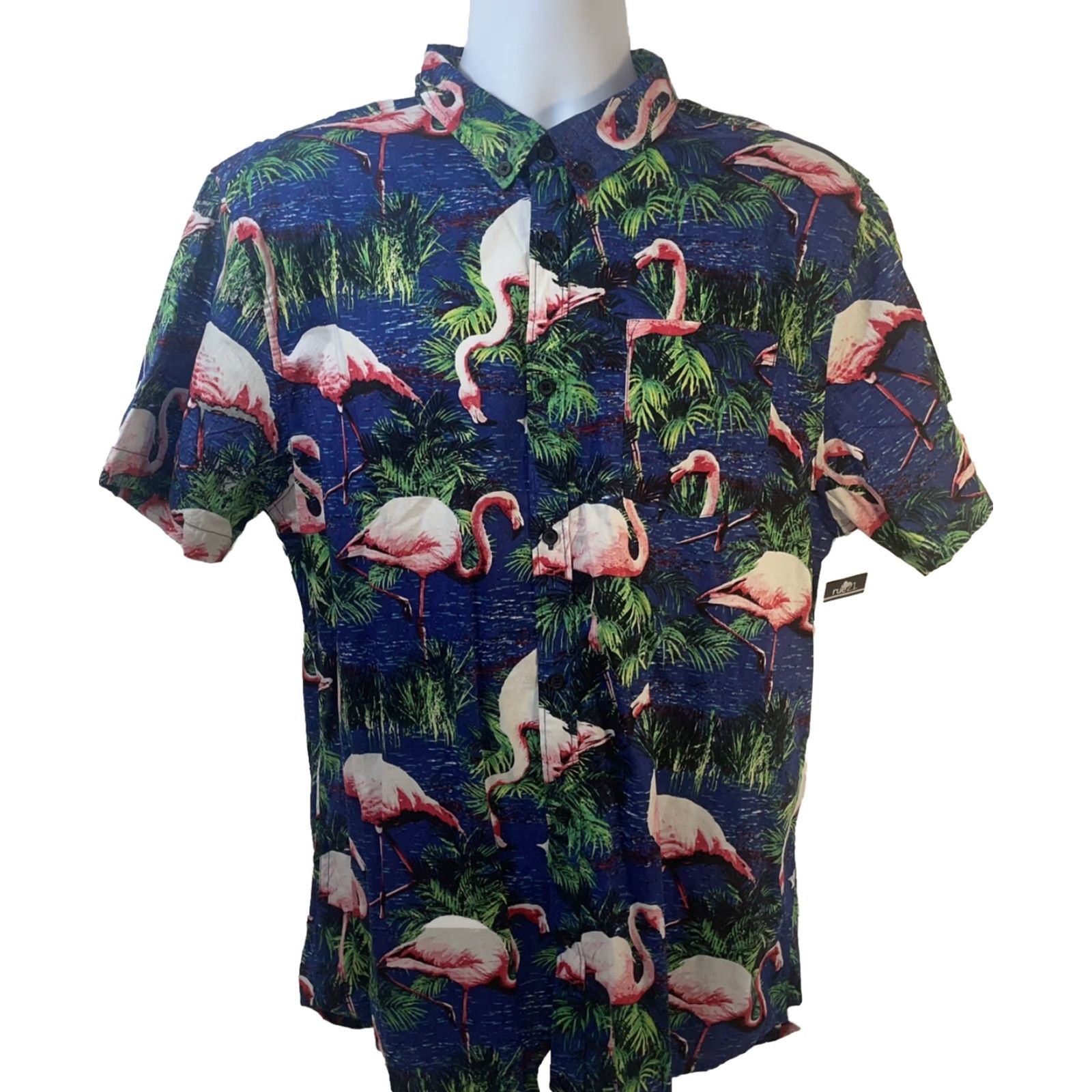 Carbon VINTAGE Hawaiian Shirt Pink Flamingos Men XL Carbon Rue 21 NWT Navy Graphic Print Short Sleeve Button-Up Size US L / EU 52-54 / 3 - 2 Thumbnail