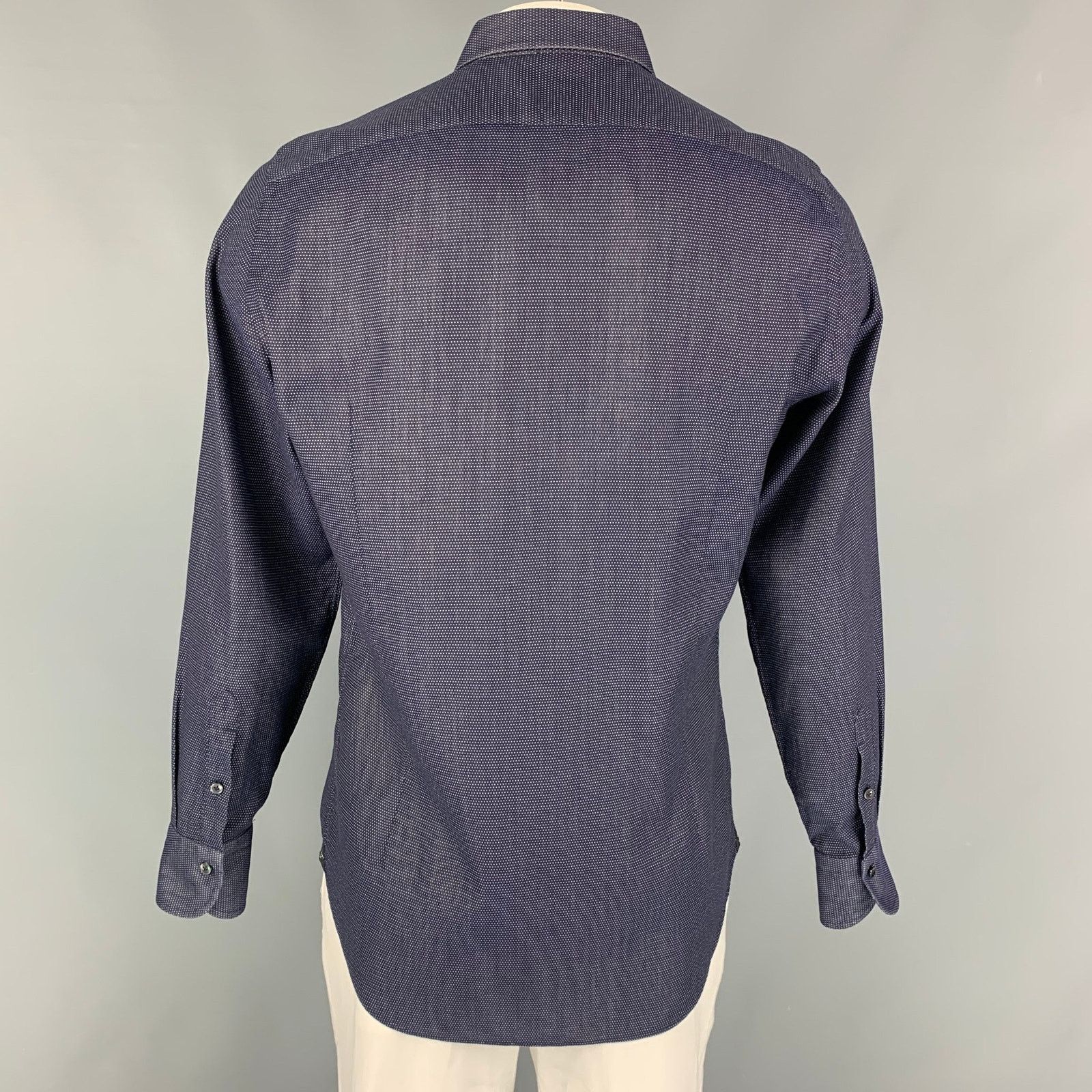 Finamore L Navy White Dots Cotton Button Up Long Sleeve Shirt Size US L / EU 52-54 / 3 - 3 Thumbnail