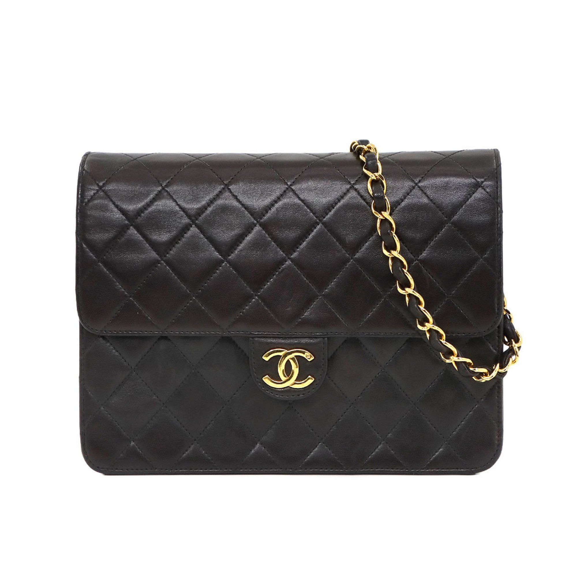 Chanel Matelasse Chain Shoulder Bag Leather Black Gold Metal Fittings Coco Mark Push Lock, Women's