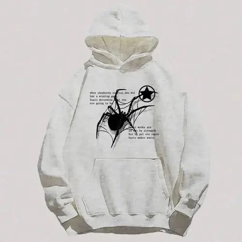image of Vintage American Retro Spider Printed Top Hoodie in White, Men's (Size Medium)
