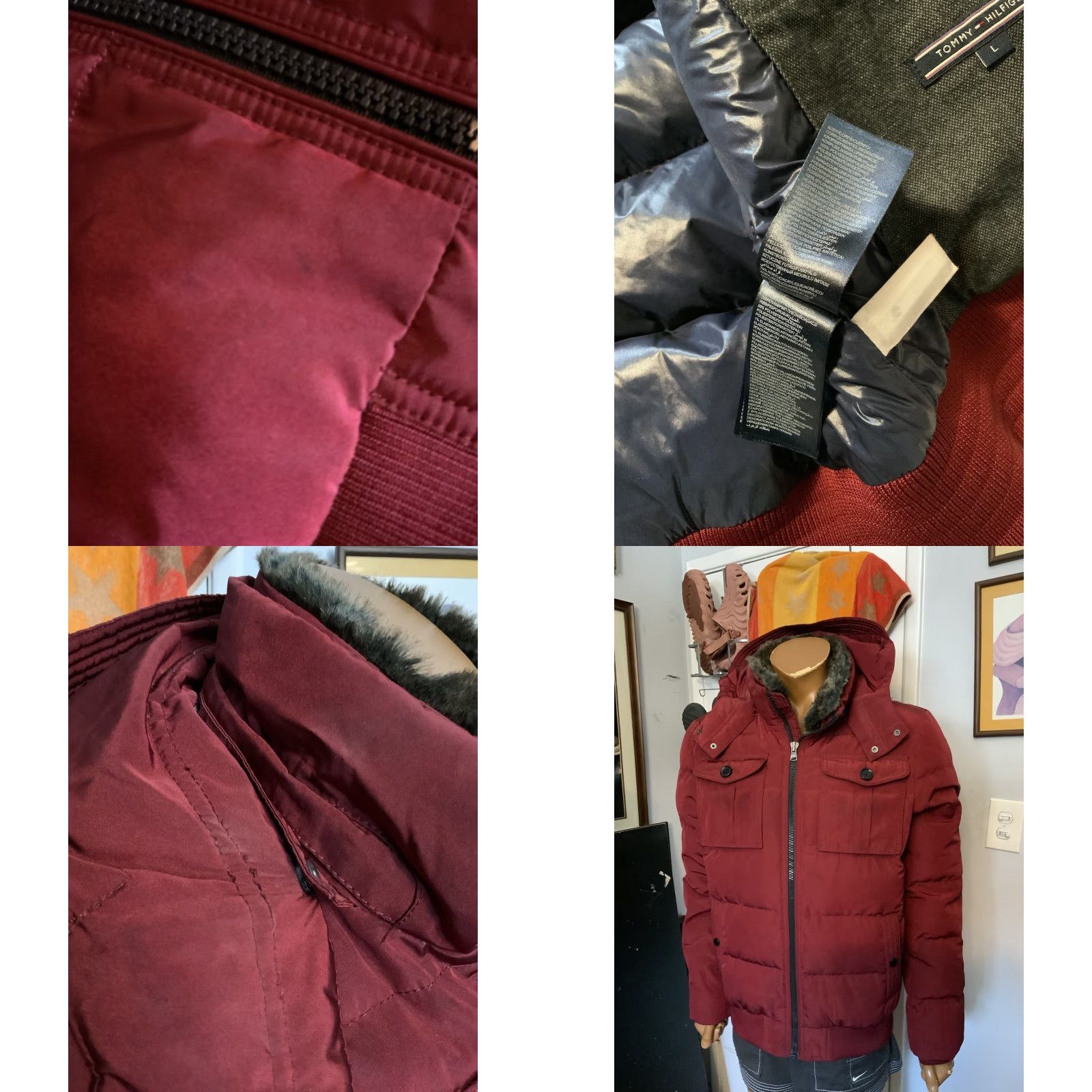 Tommy Hilfiger Tommy Hilfiger Puffer Jacket Quilted Down Faux Fur Full Zip Red Sz. L Mens Size US L / EU 52-54 / 3 - 9 Thumbnail