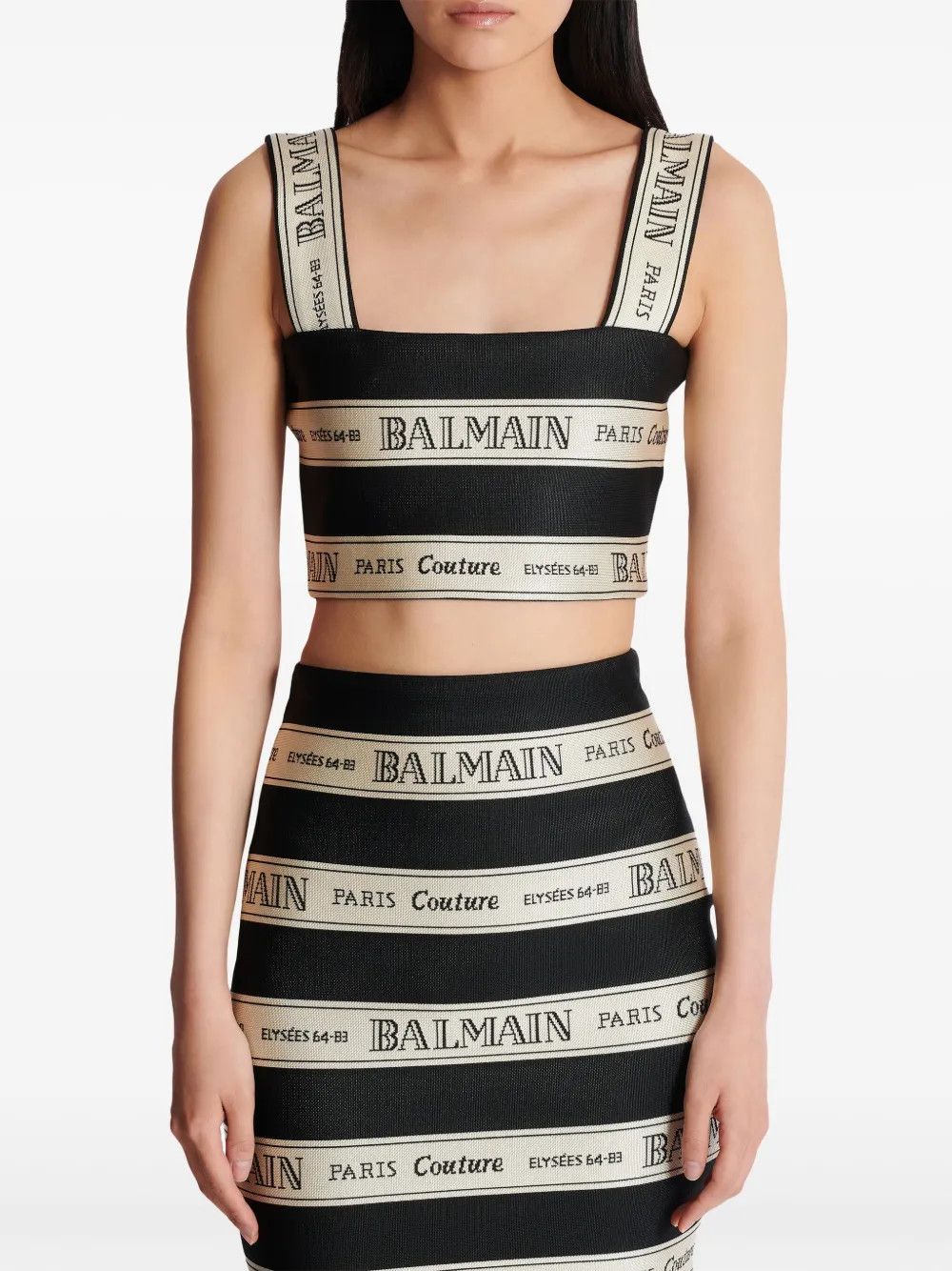 Balmain o1s1wg111225 Ribbon Jacquard Crop Top in Black/Champagne Size S / US 4 / IT 40 - 4 Thumbnail