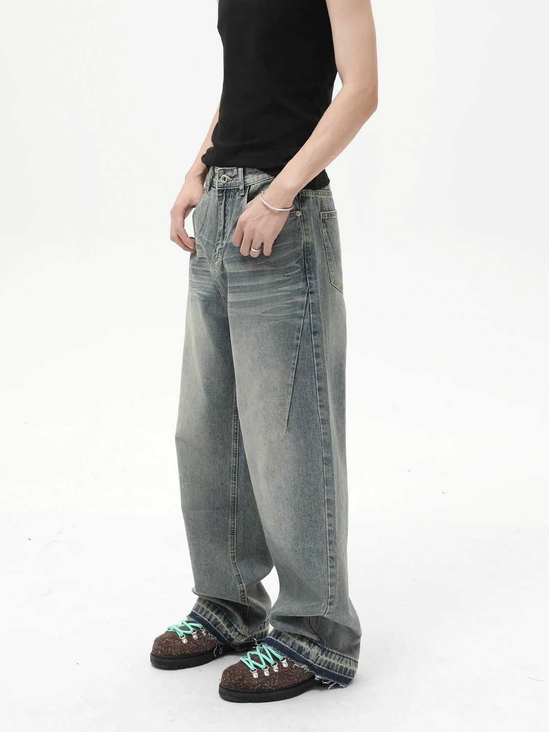 Vintage Retro distressed raw edge all-match casual loose jeans Size US 32 / EU 48 - 3 Thumbnail